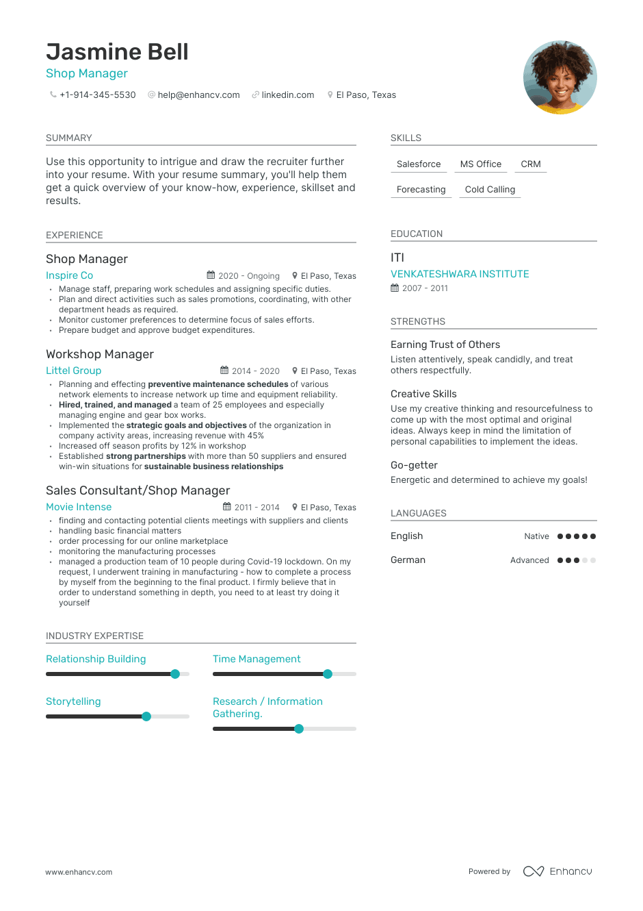 shop manager resume example