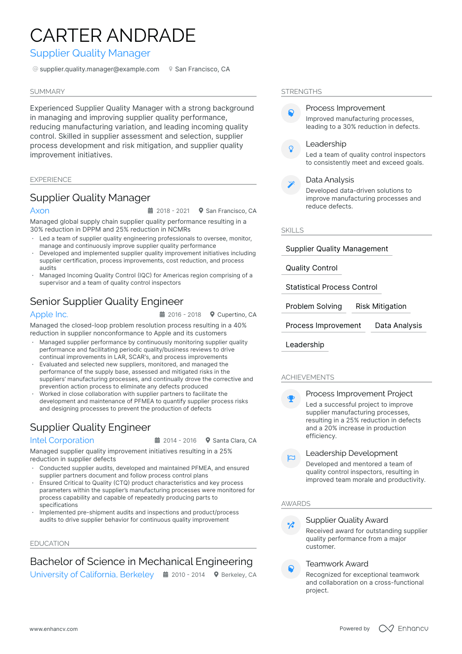 supplier quality manager resume example