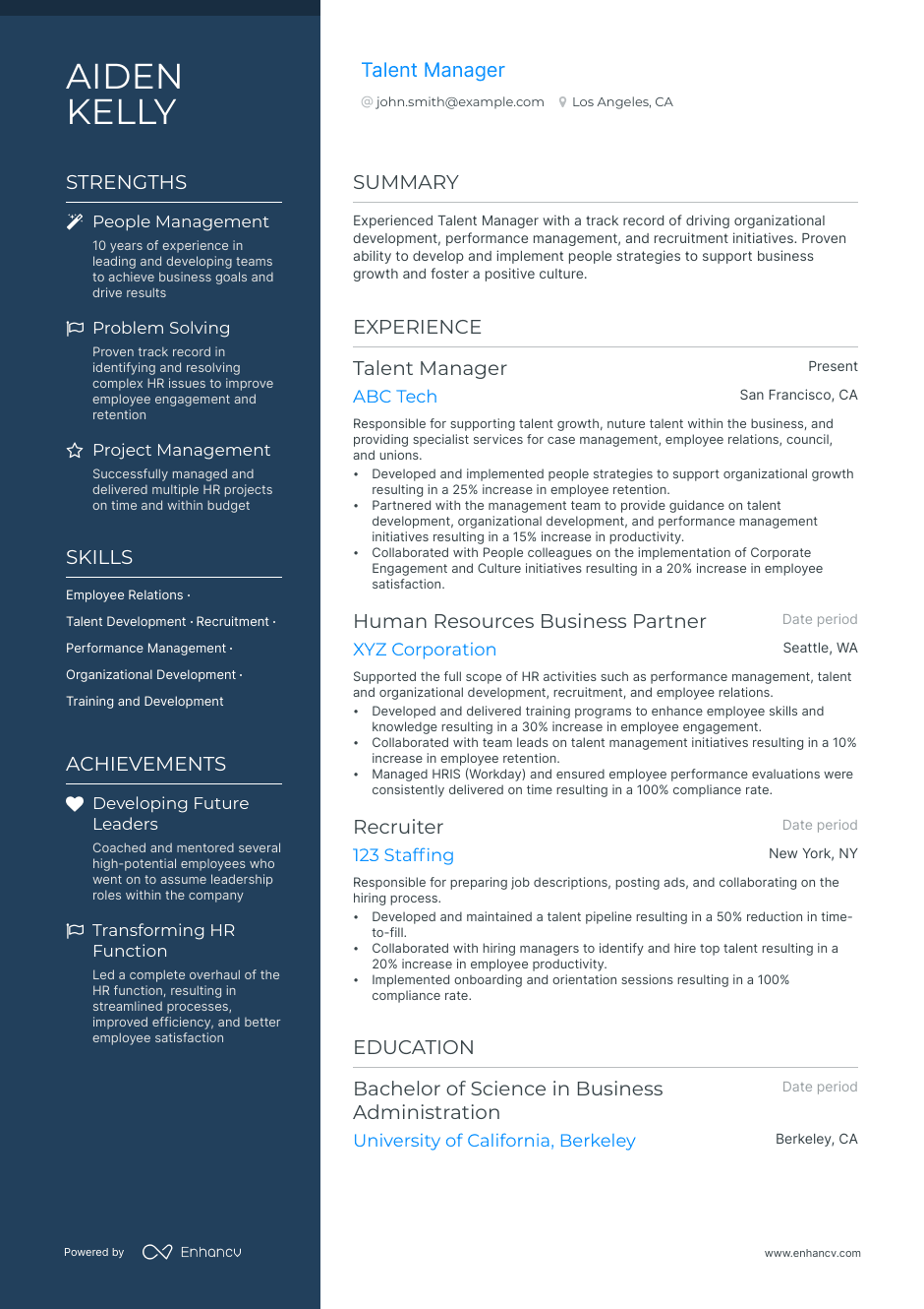 Talent Manager resume example