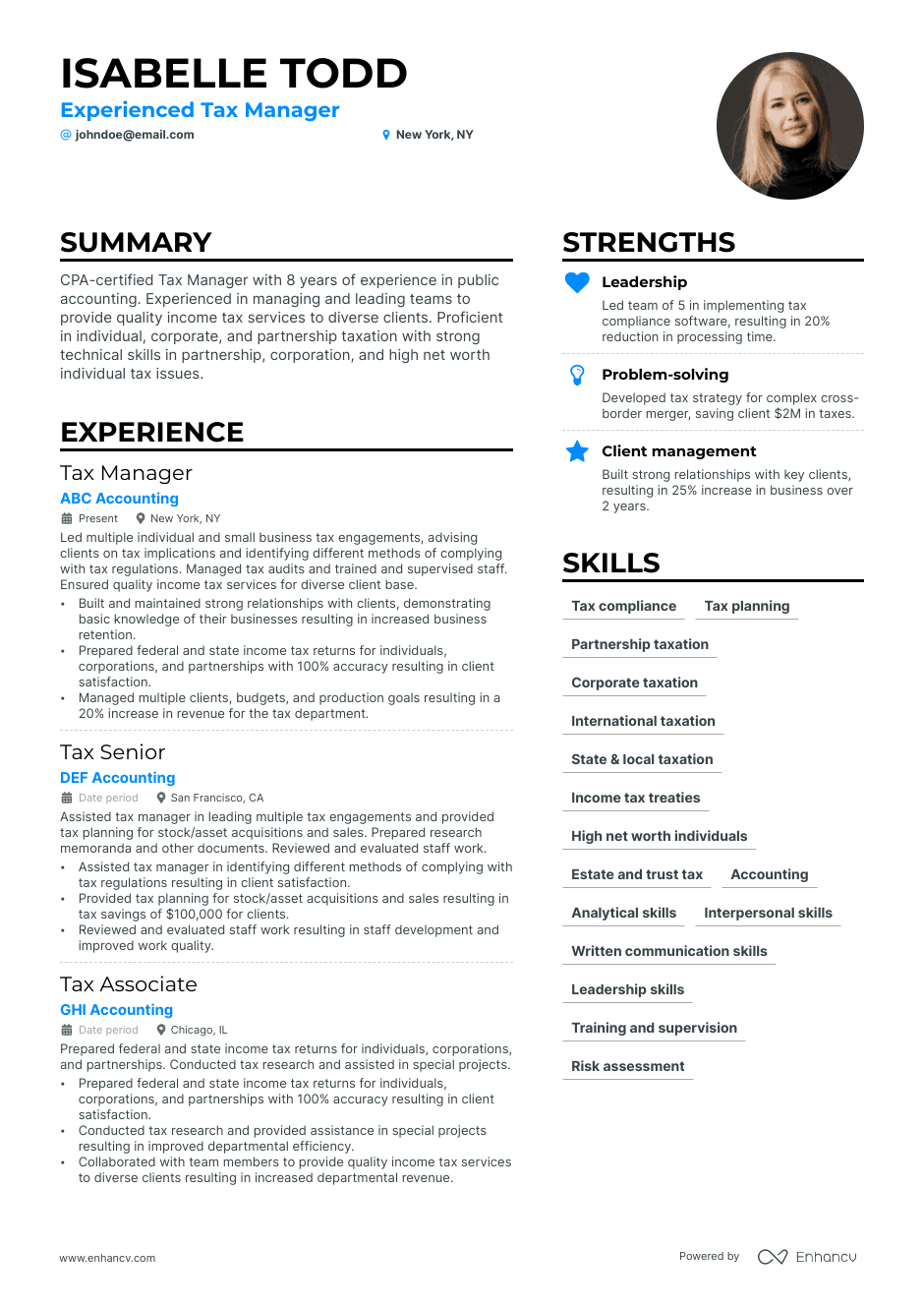 tax manager resume example