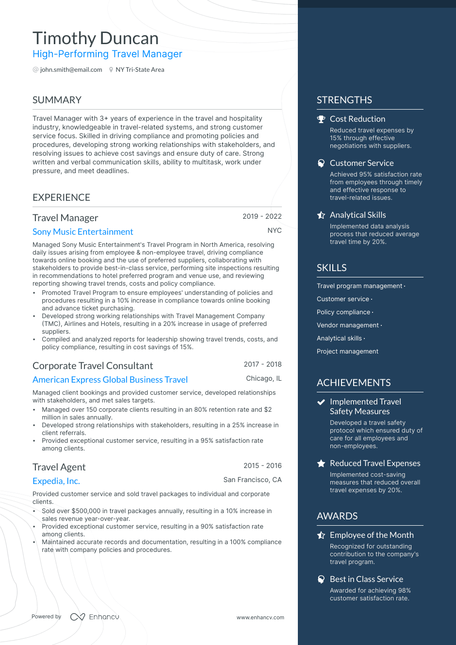 travel manager resume example