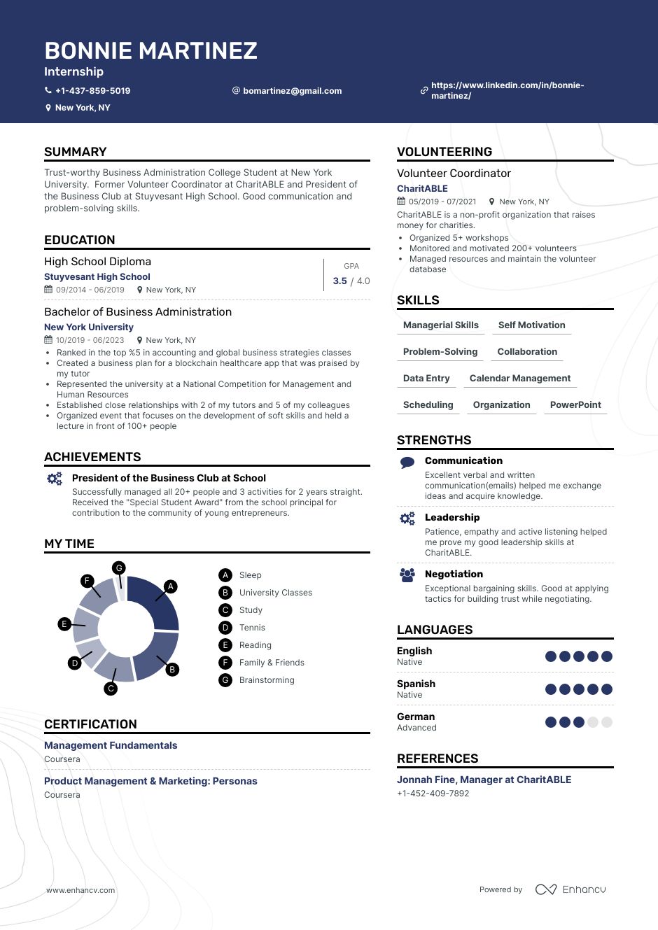 Intern CV template with an accented header and two column outline. Features a creative section to help it stand out