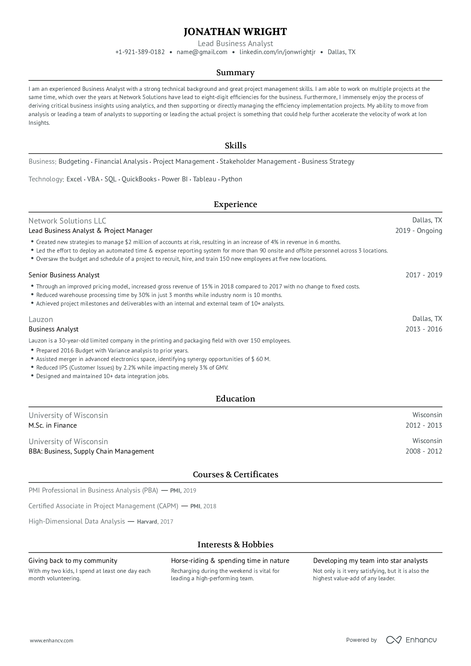A single column, classic resume template with grey accent colors.