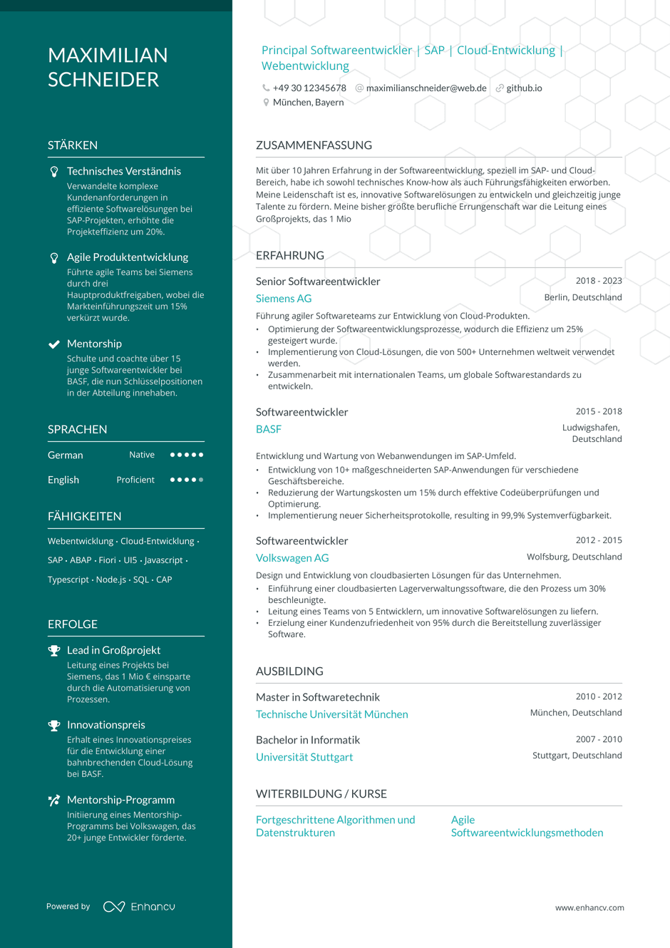 Aqua polierte Lebenslauf-Vorlage Eine polierte Vorlage mit Schwerpunkt auf wichtigen Errungenschaften und Fähigkeiten. Aqua farbene linke Spalte für Highlights.