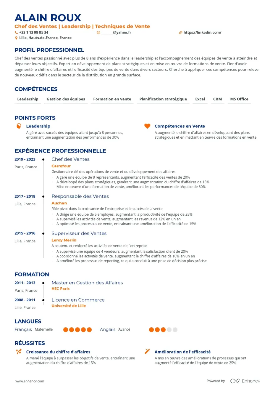 Modèle chronologique de Curriculum Vitae mettant en avant l'expérience en leadership et techniques de vente