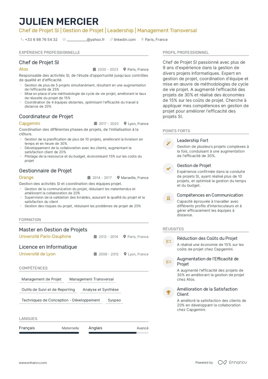 Exemple de modèle de CV intitulé Moderne, affichant une mise en page contemporaine et épurée