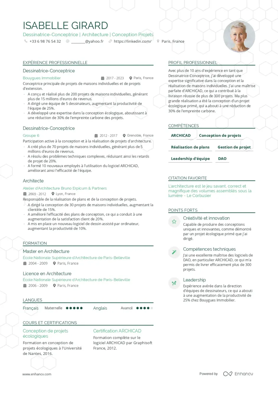 Exemple de modèle de CV intitulé Performance, accentuant une présentation axée sur les résultats et les accomplissements.