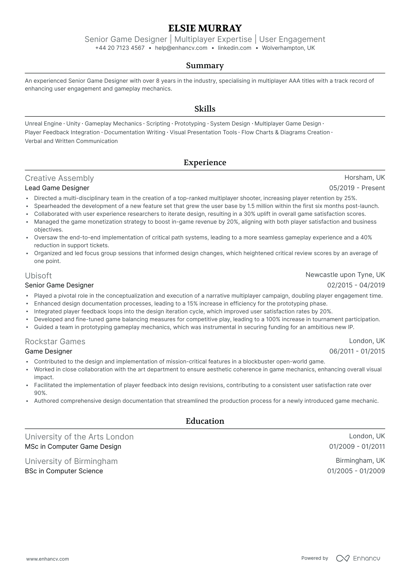 Game Design Cv Example Game Design CV Examples & Guide for 2025