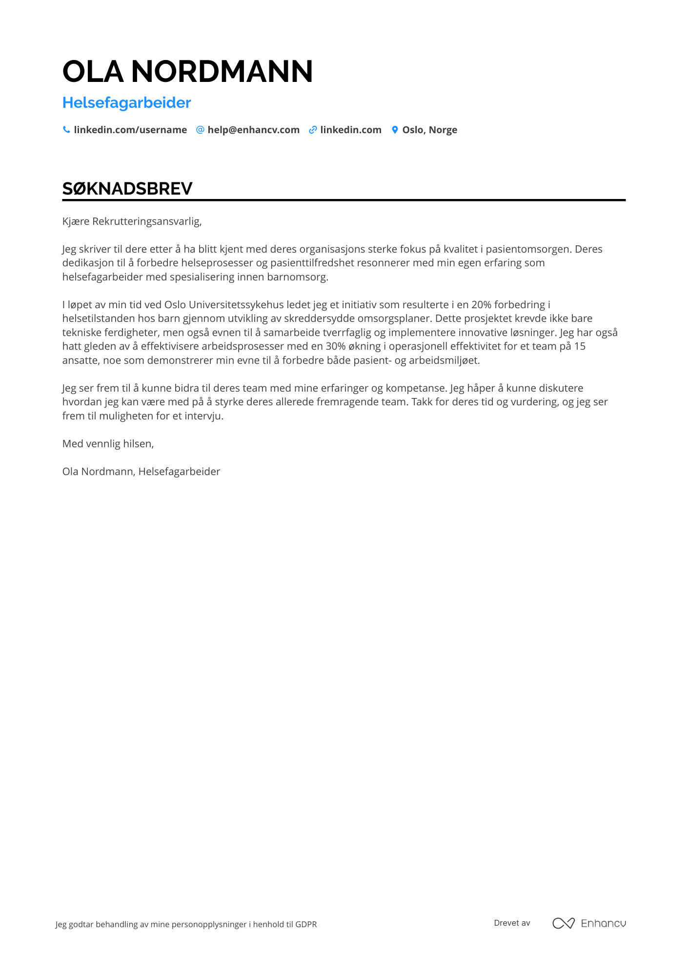 Søknadsbrev for Helsefagarbeider Barn