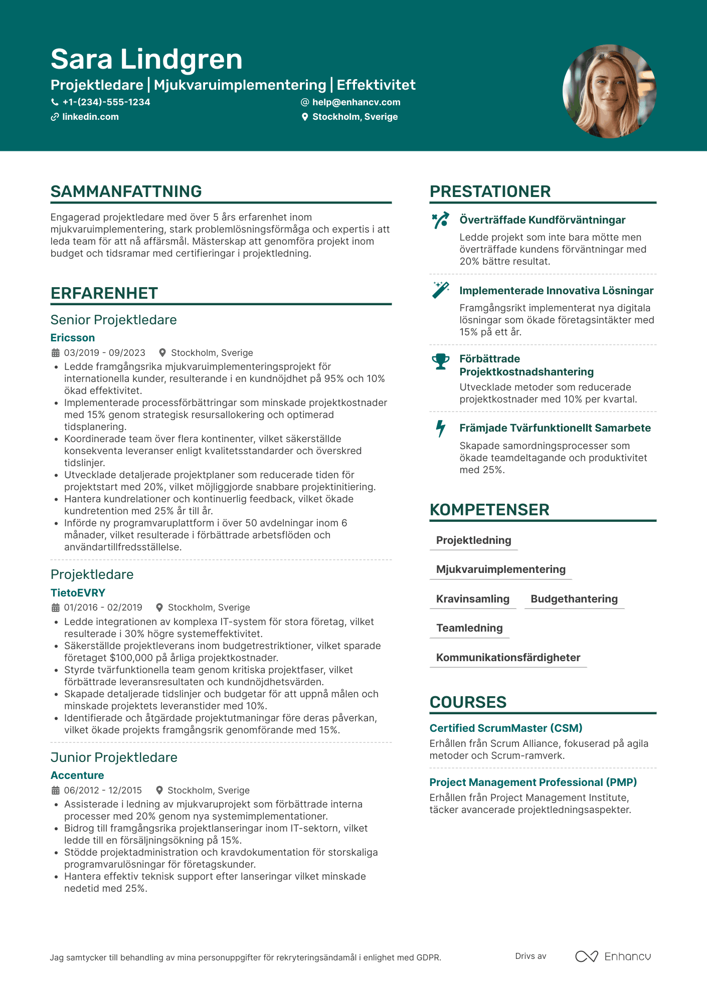 CV för Projektledare för software implementation