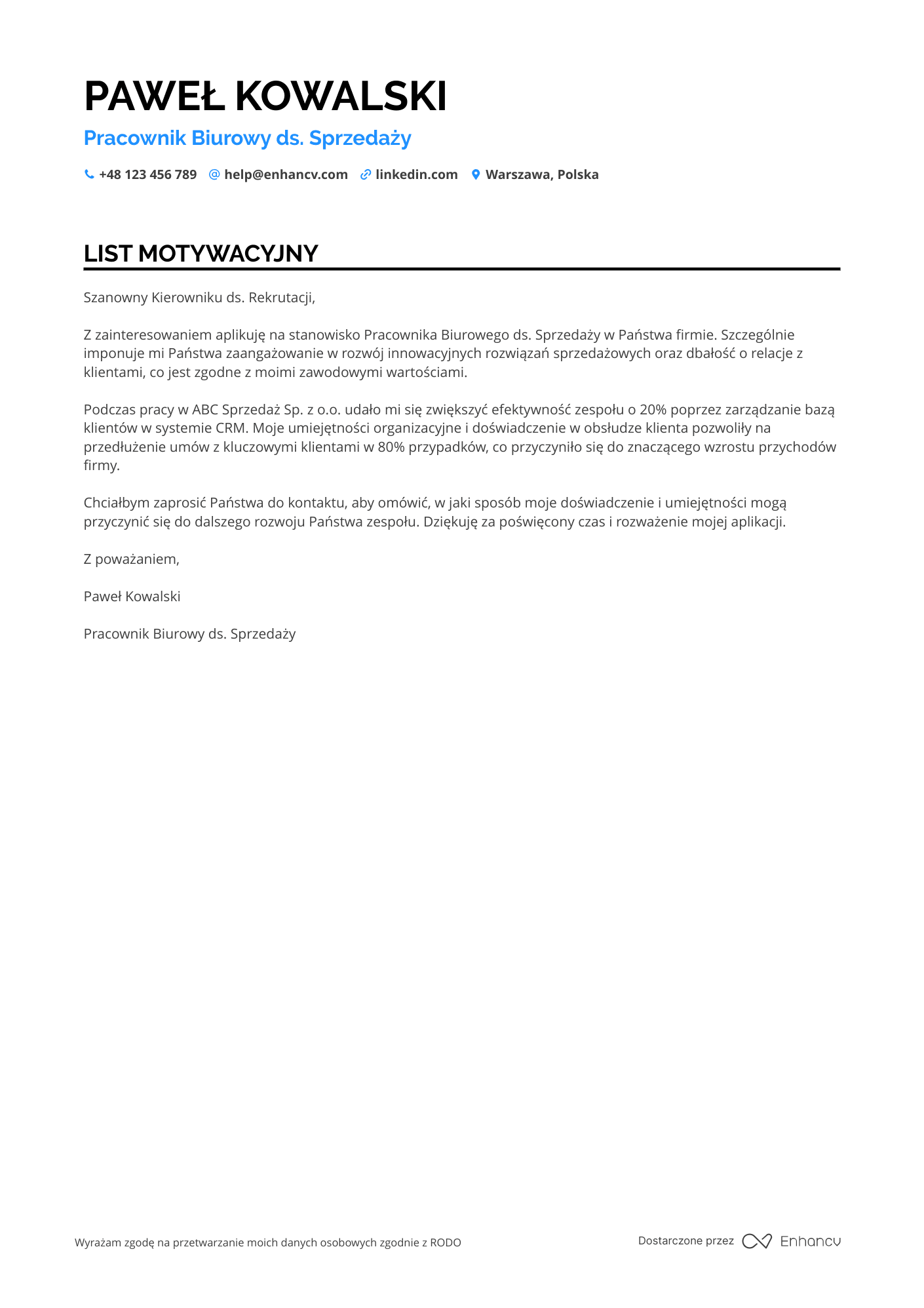 List motywacyjny dla Pracownik Biurowy ds. Sprzedaży