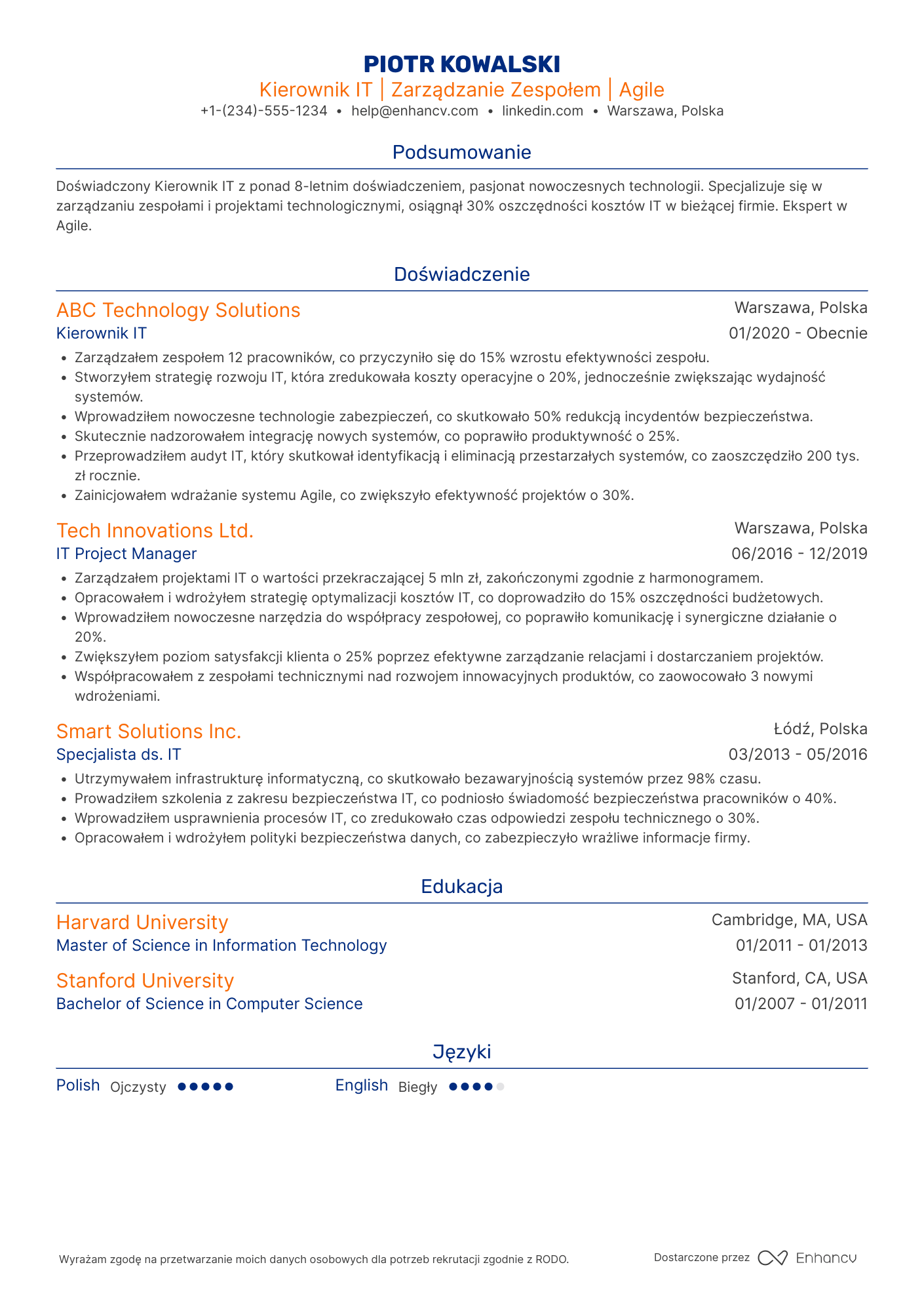 CV dla Kierownik IT