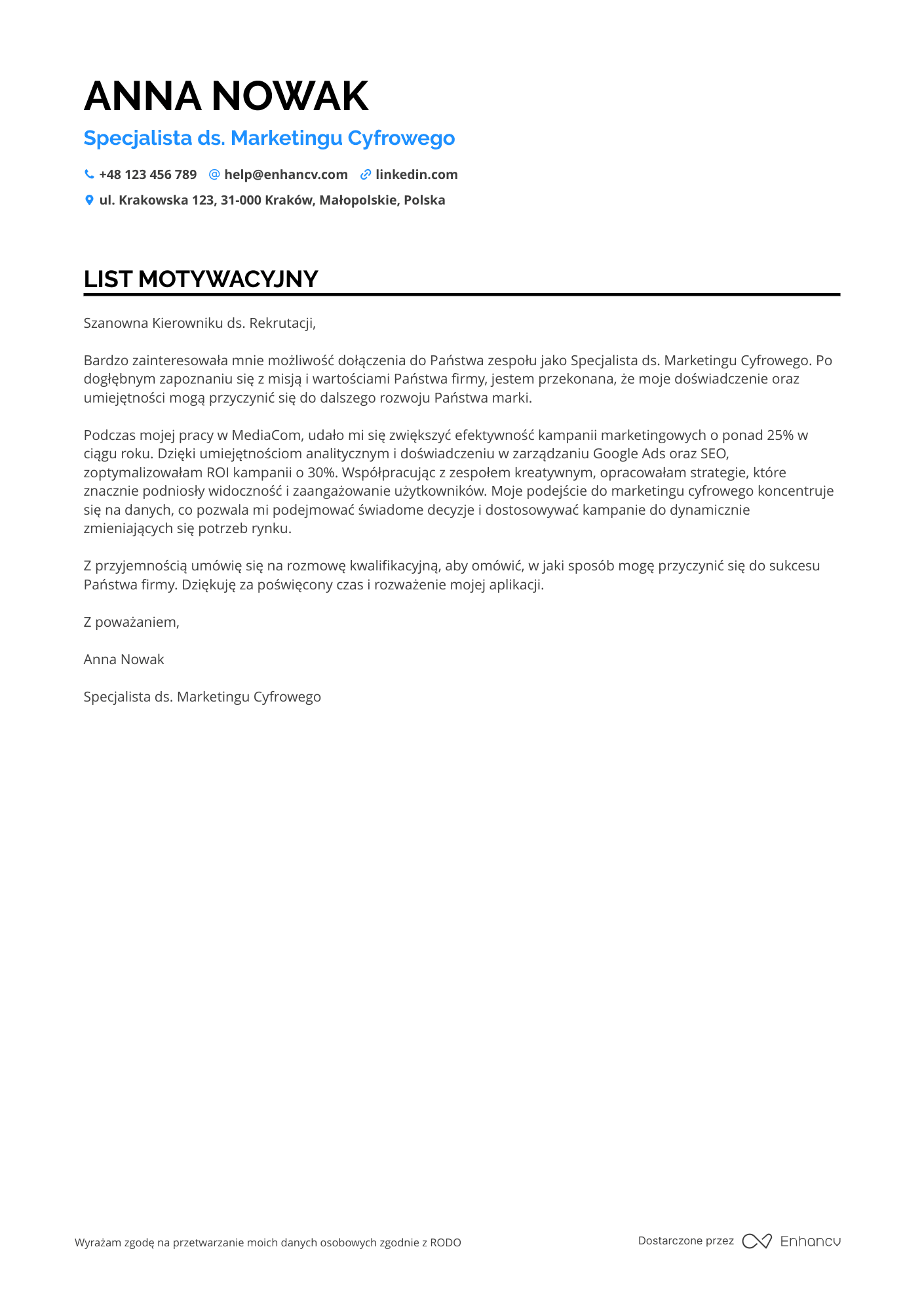 List motywacyjny dla Specjalista ds. Marketingu Cyfrowego
