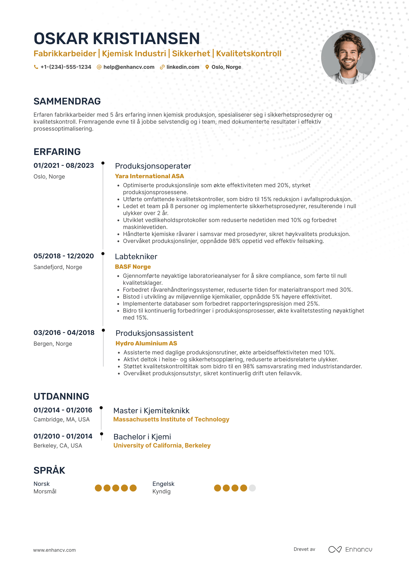 CV for Fabrikkarbeider Kjemisk Industri