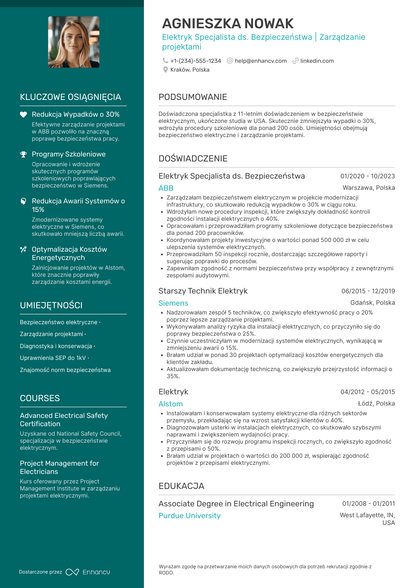CV dla Elektryk Specjalista ds. Bezpieczeństwa