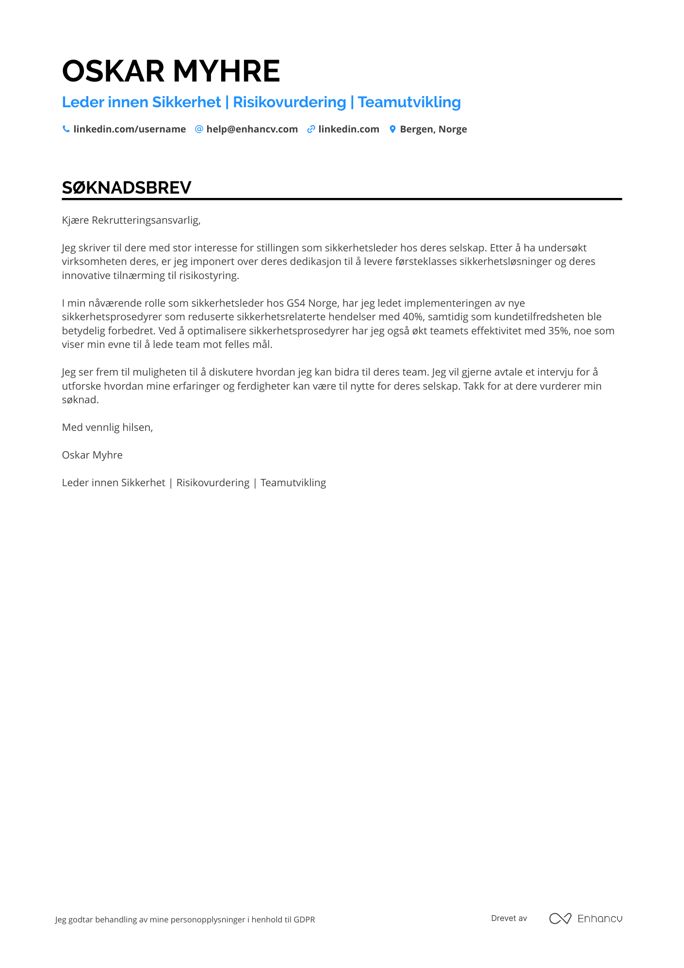 Søknadsbrev for Vekterleder