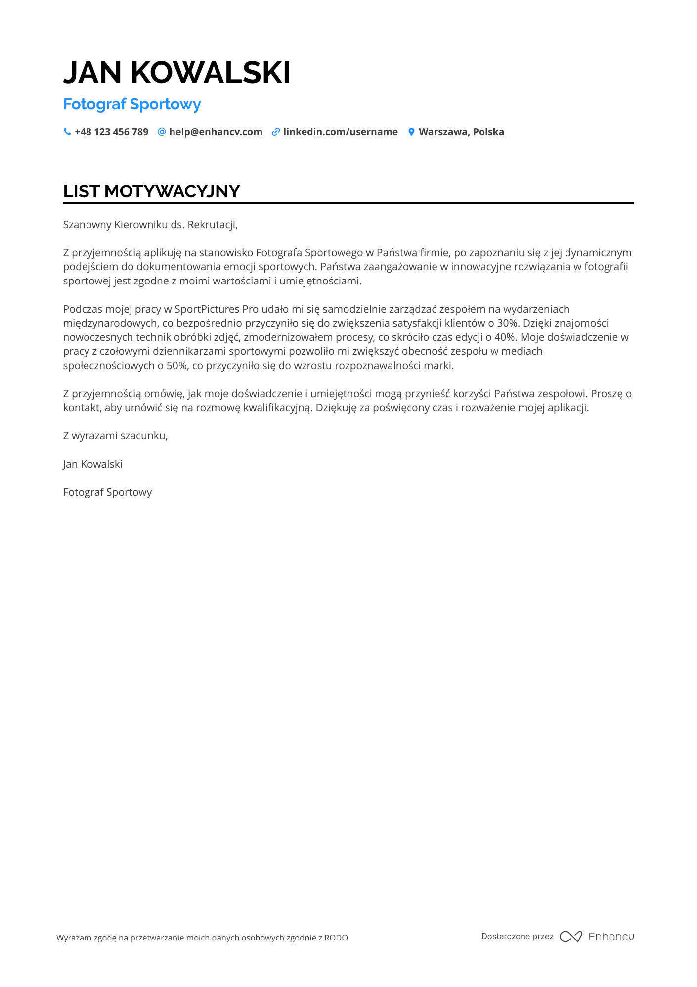 List motywacyjny dla Fotograf sportowy