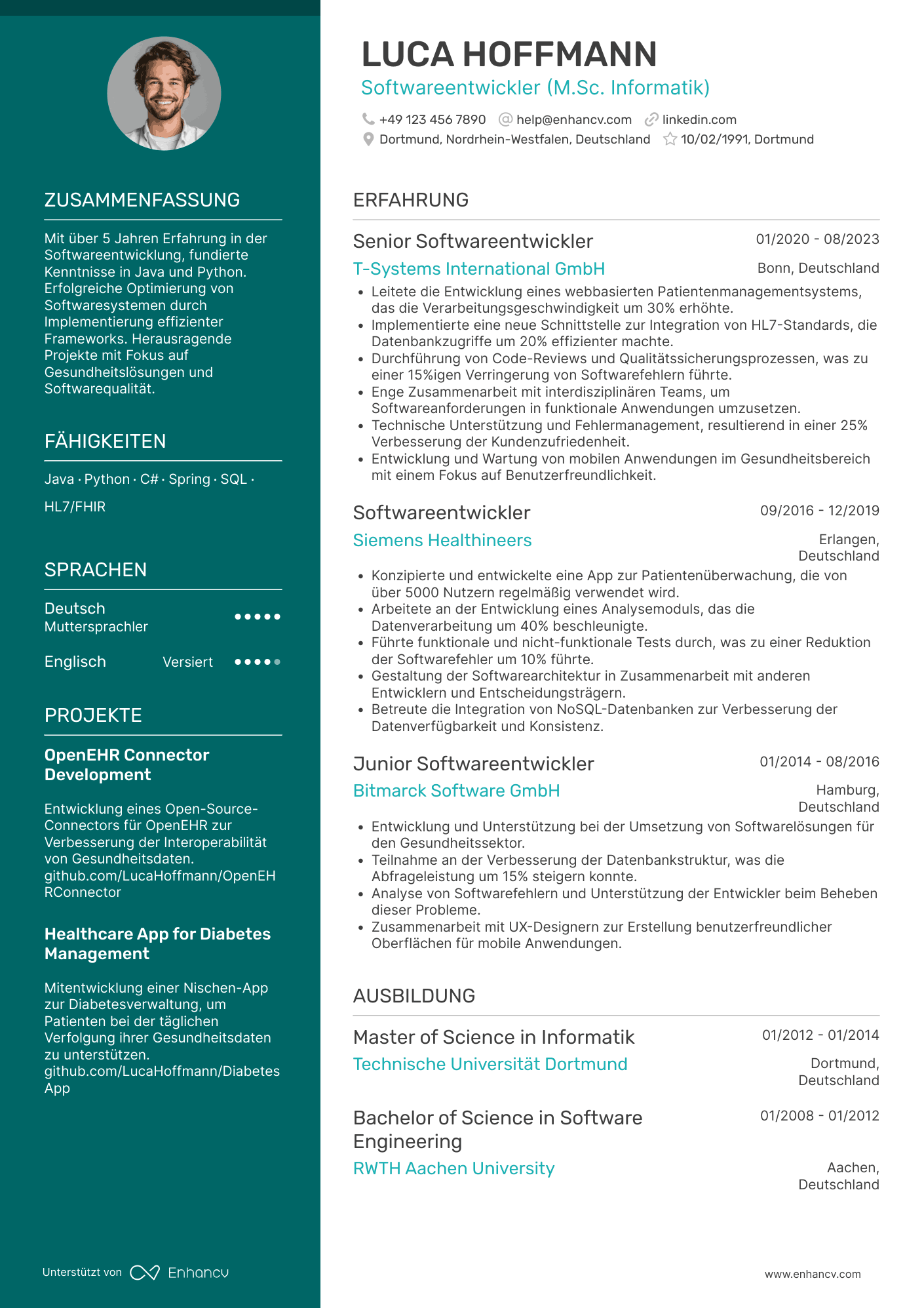 Lebenslauf in Softwareentwickler im Bereich Gesundheitswesen