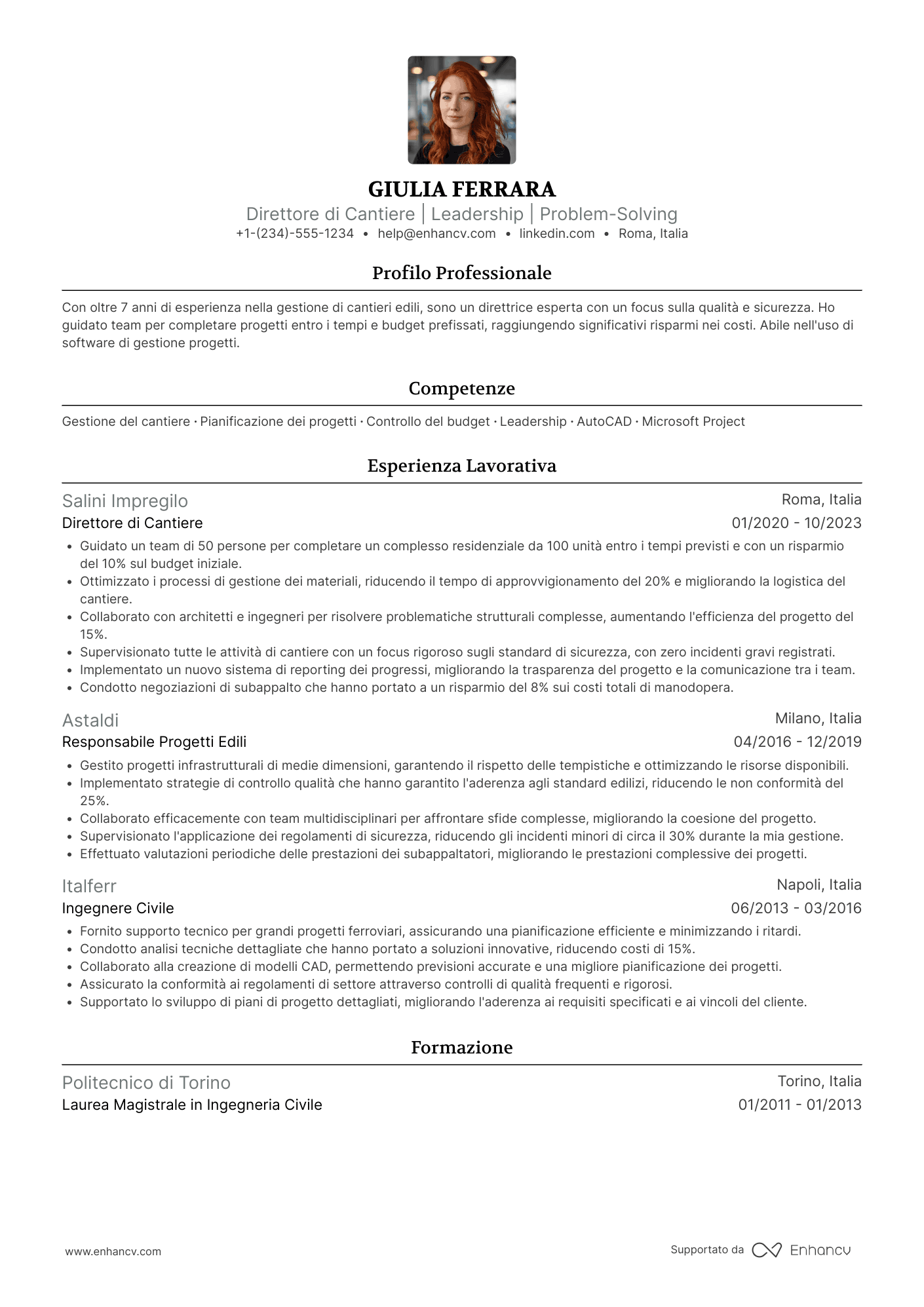 CV Direttore di cantiere