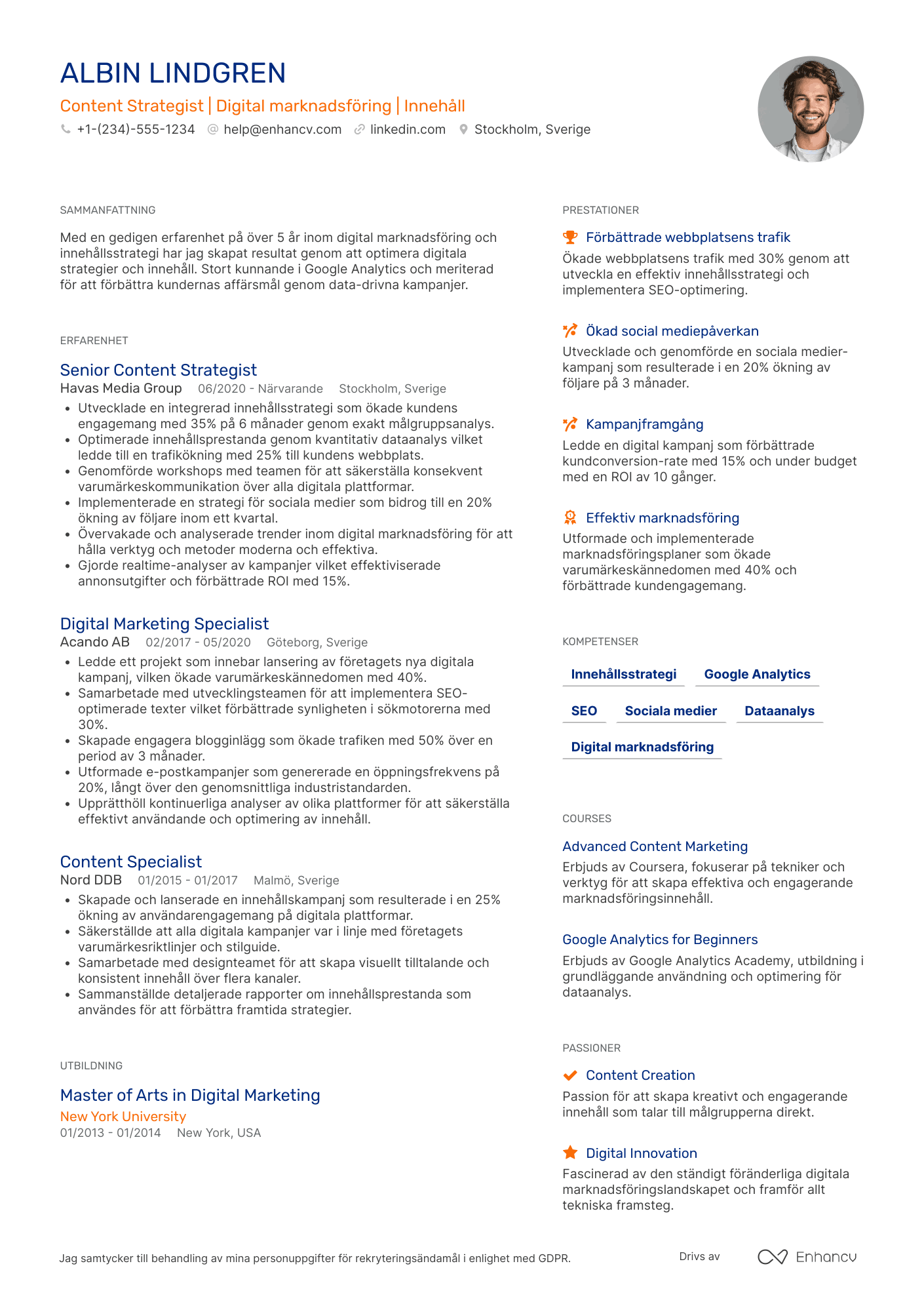 CV för Content Strategist Digital Marknadsförare