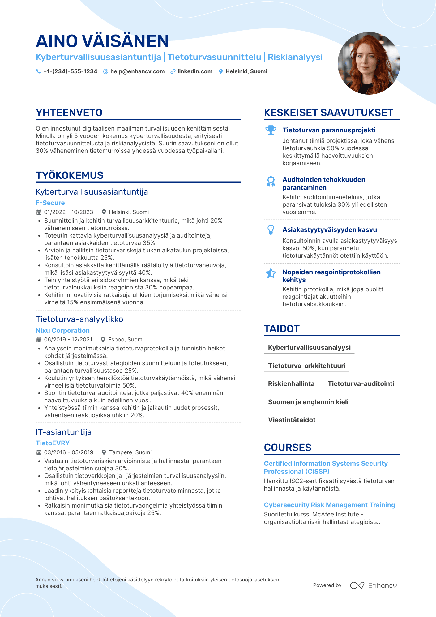 Ansioluettelo Kyberturvallisuusasiantuntija projekti