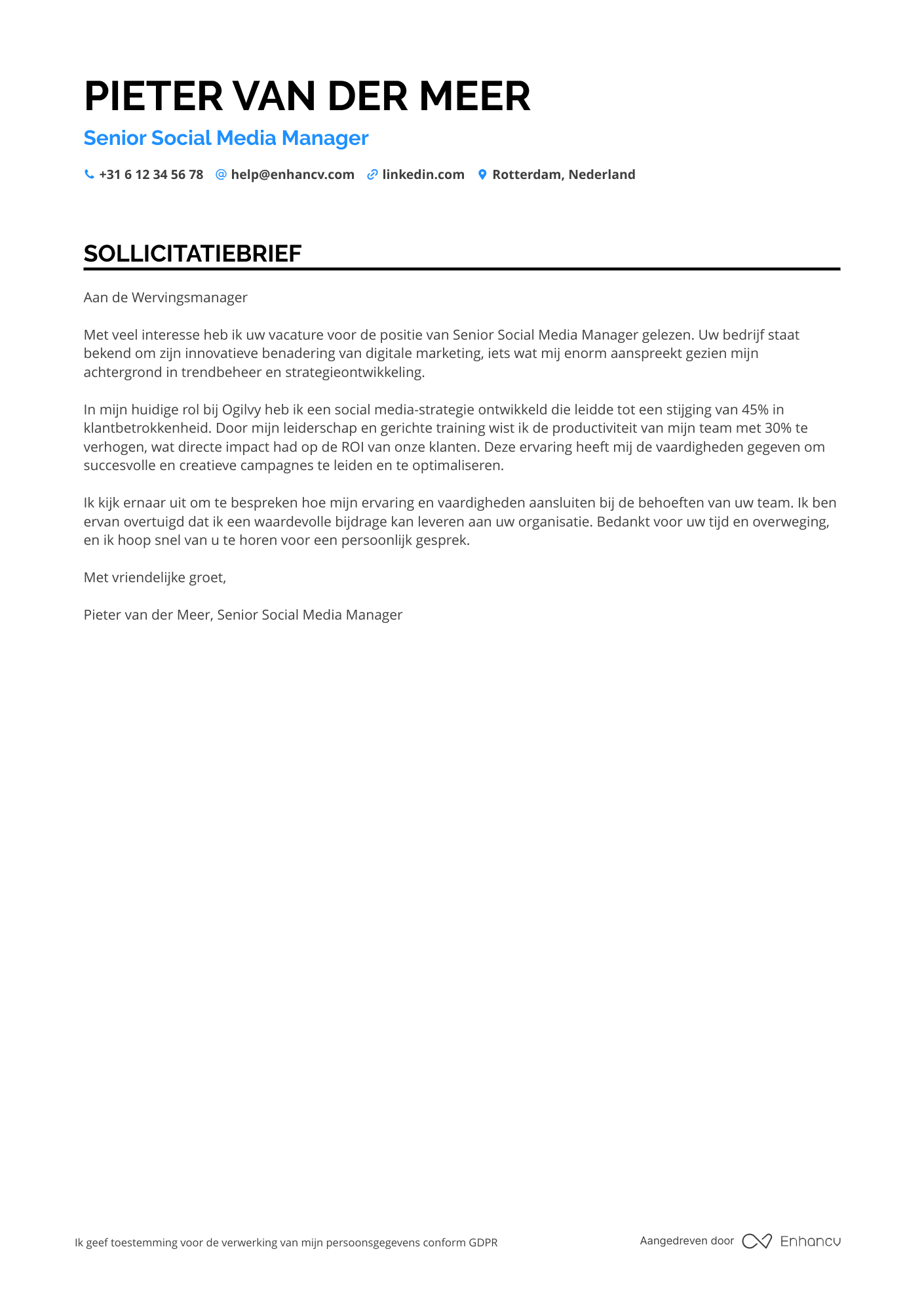 Sollicitatiebrief voor Senior Social Media Manager