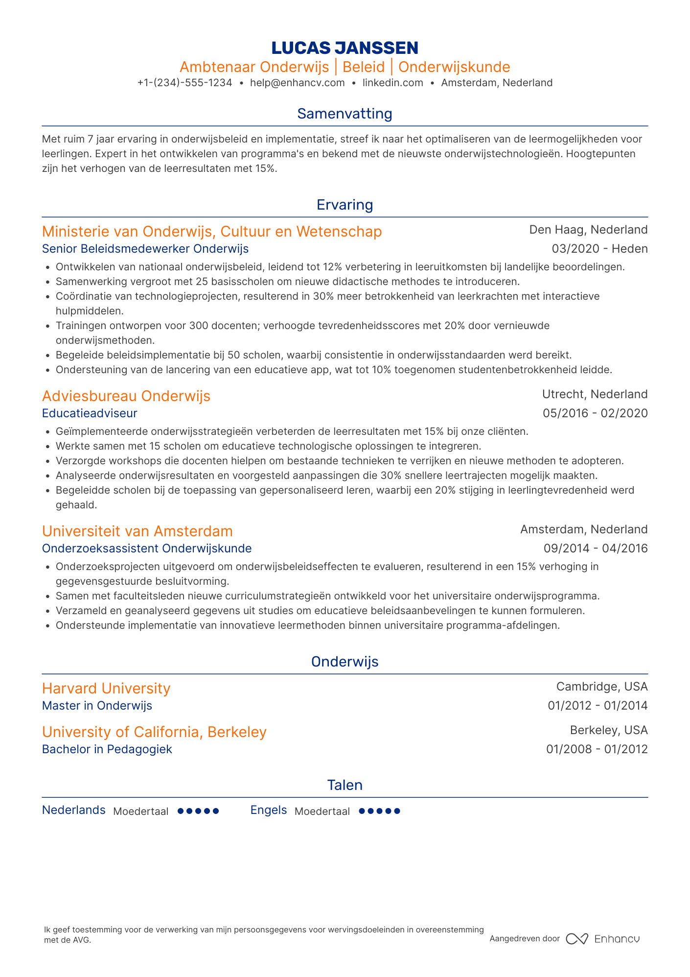 CV voor Ambtenaar Onderwijs