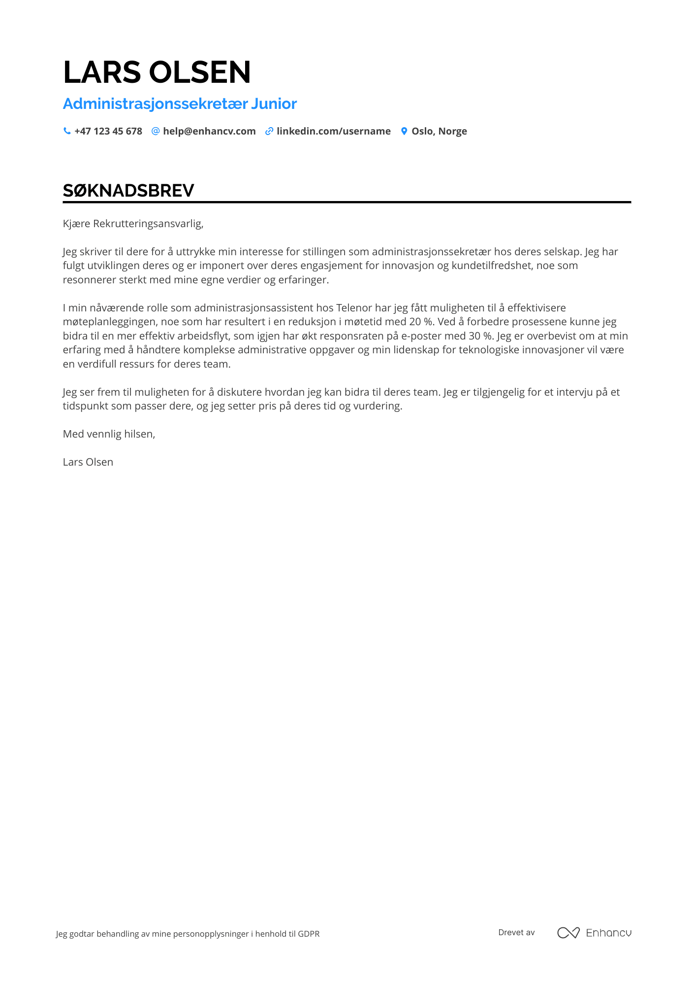 Søknadsbrev for Administrasjonssekretær Junior