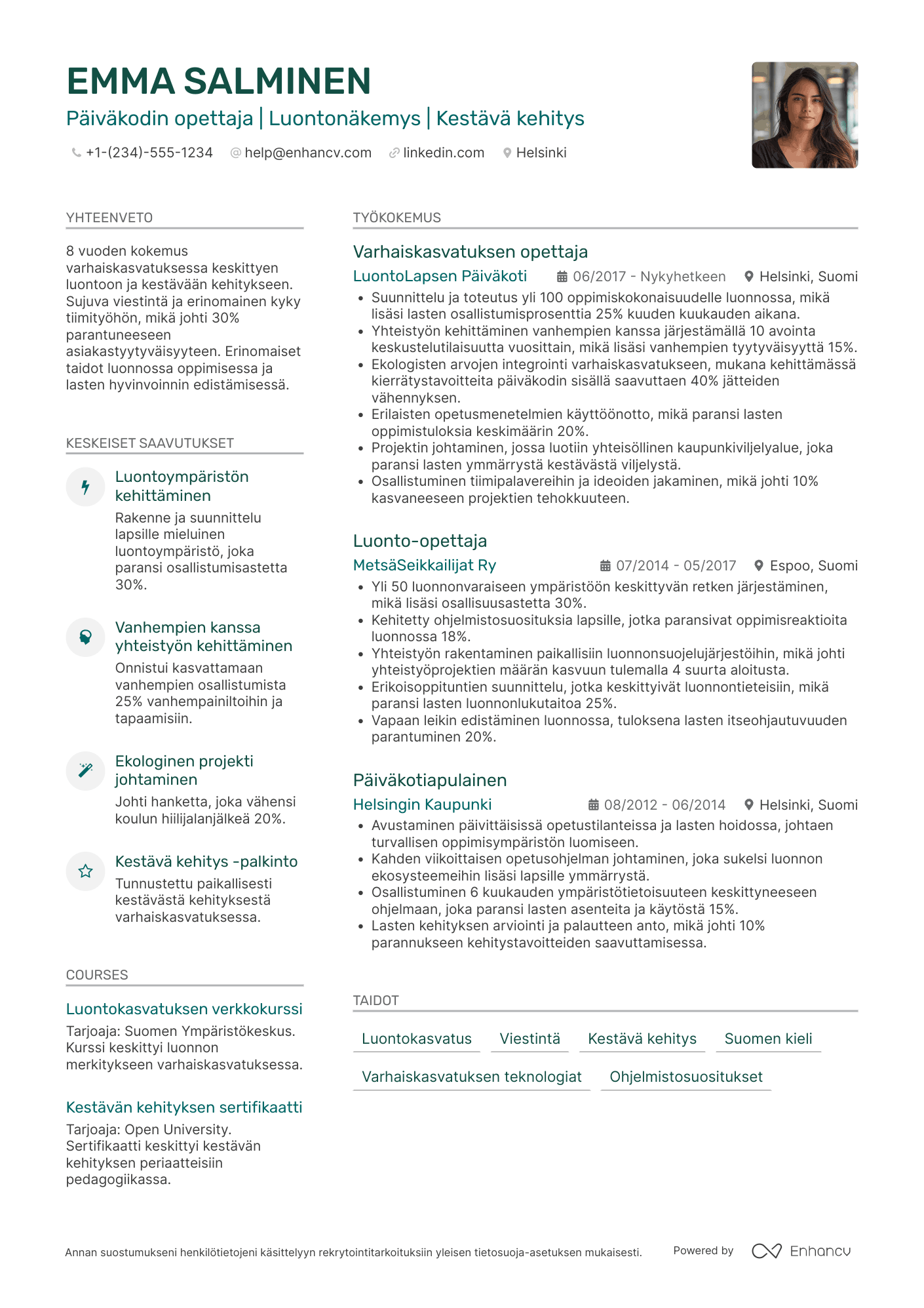 Ansioluettelo Luontopäiväkodin lastentarhanopettaja