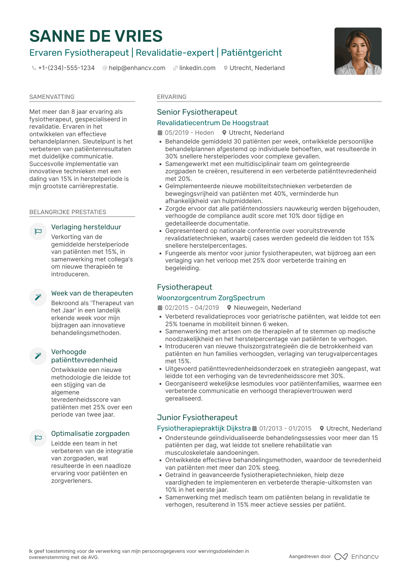 CV voor Fysiotherapeut in een revalidatiecentrum
