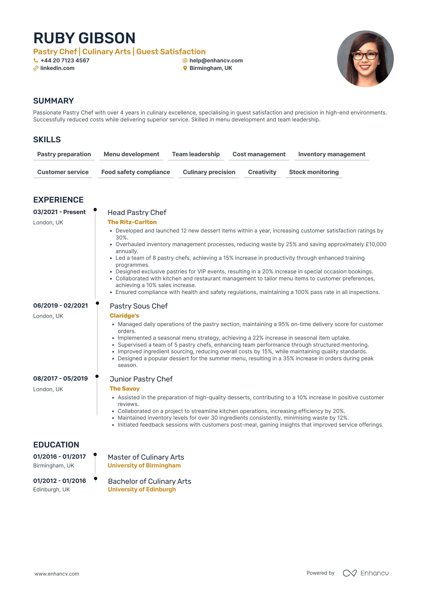 Head Pastry Chef CV Examples