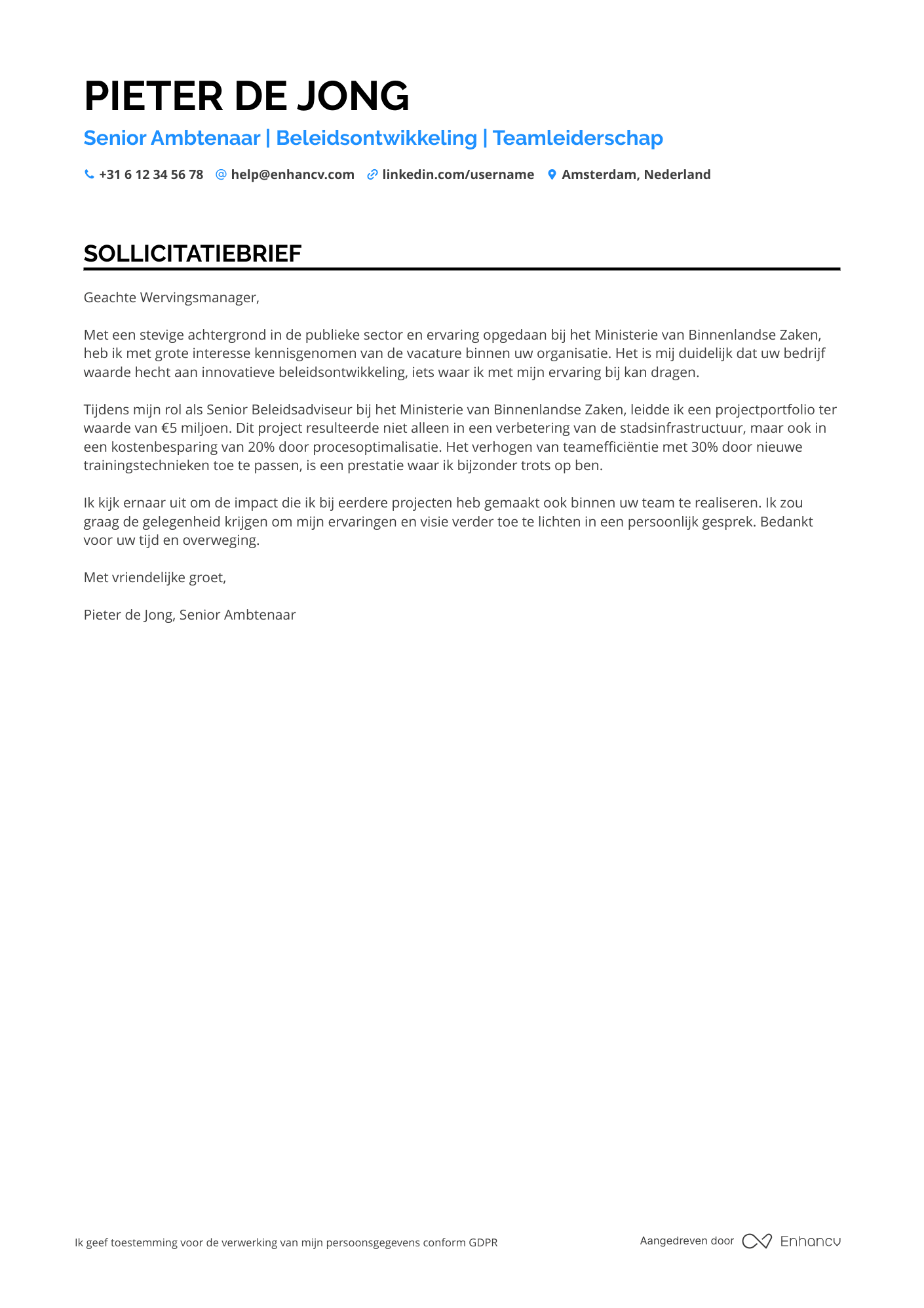 Sollicitatiebrief voor Senior Ambtenaar