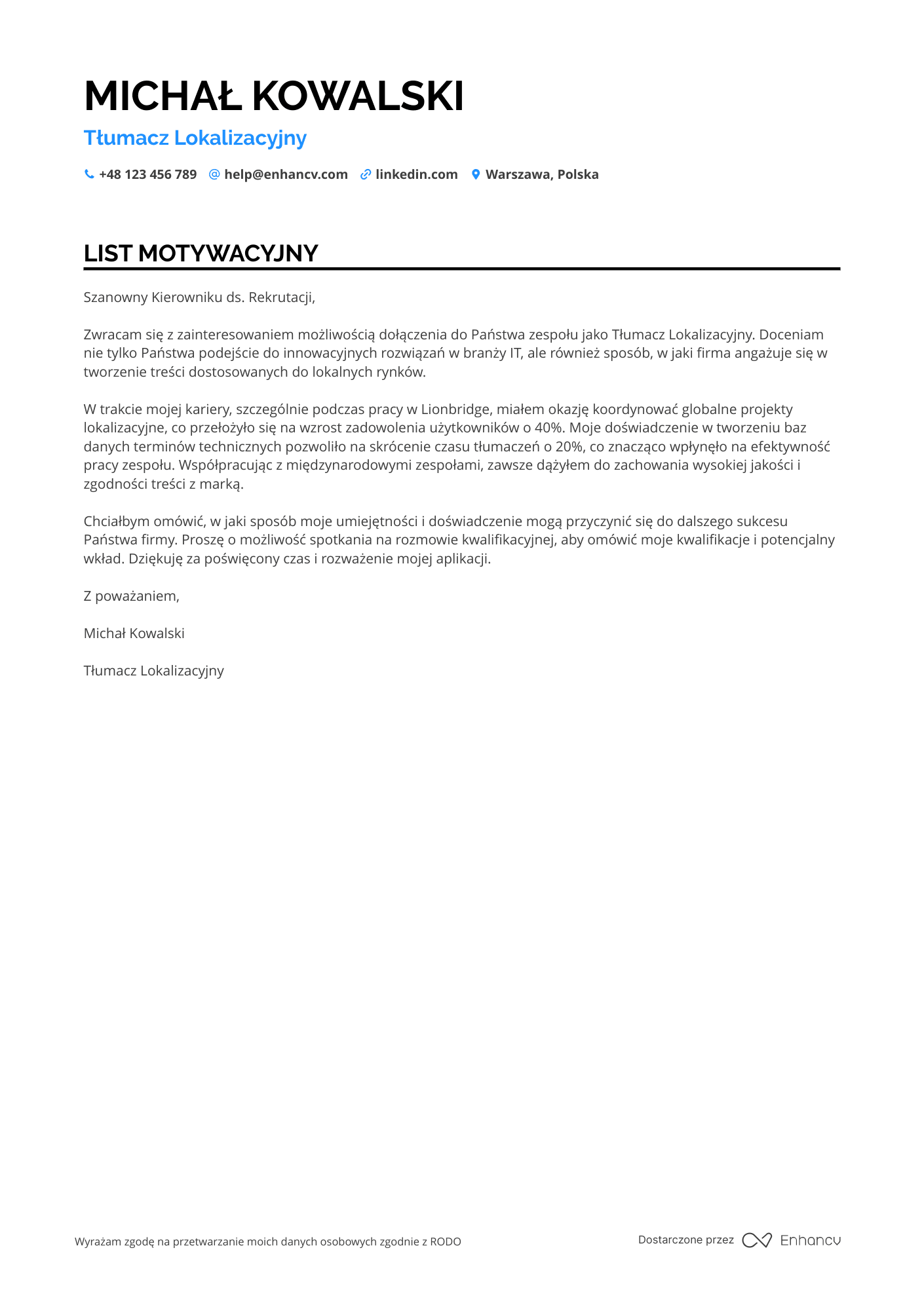 List motywacyjny dla Tłumacz Lokalizacyjny