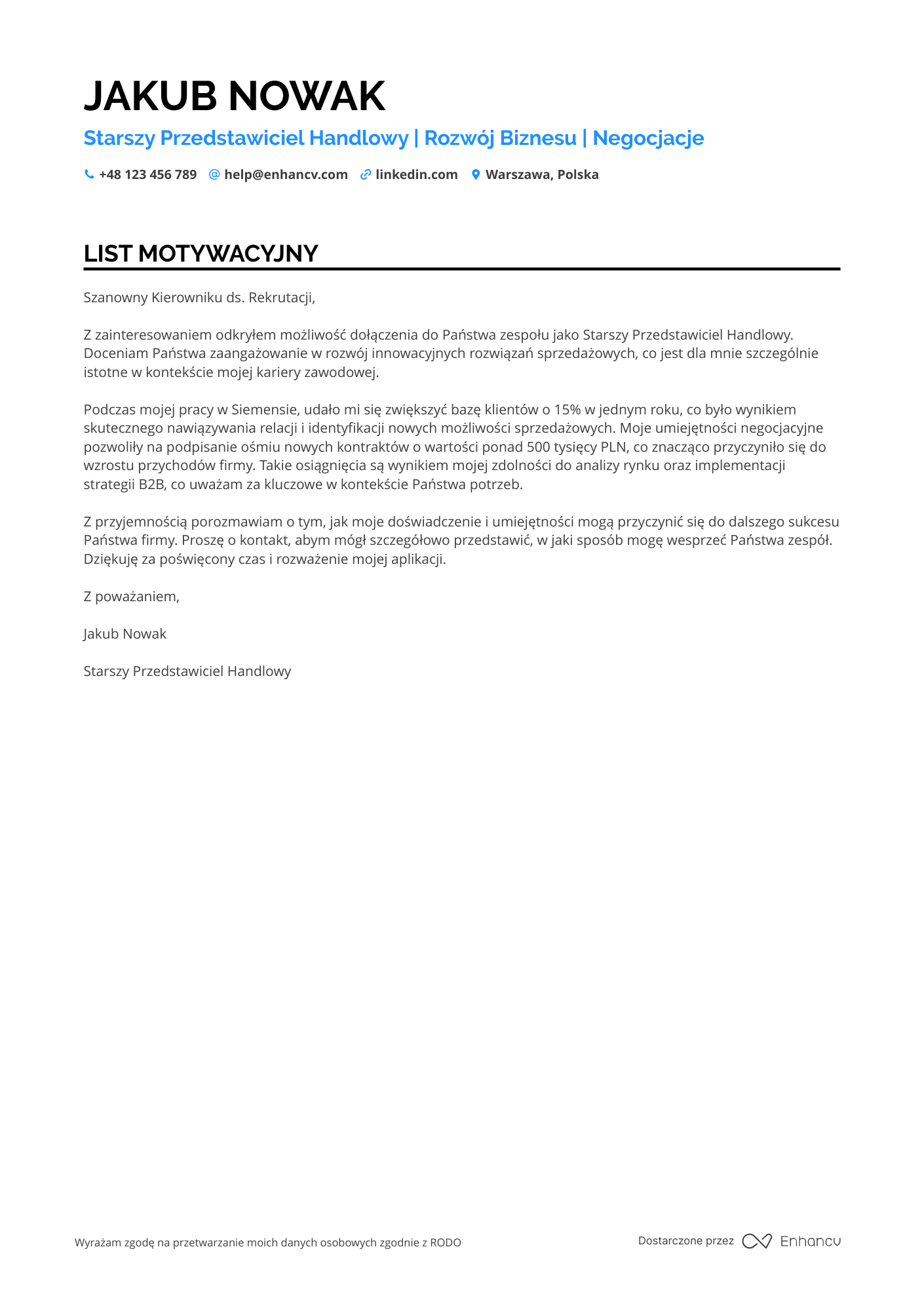 List motywacyjny dla Starszy Przedstawiciel Handlowy