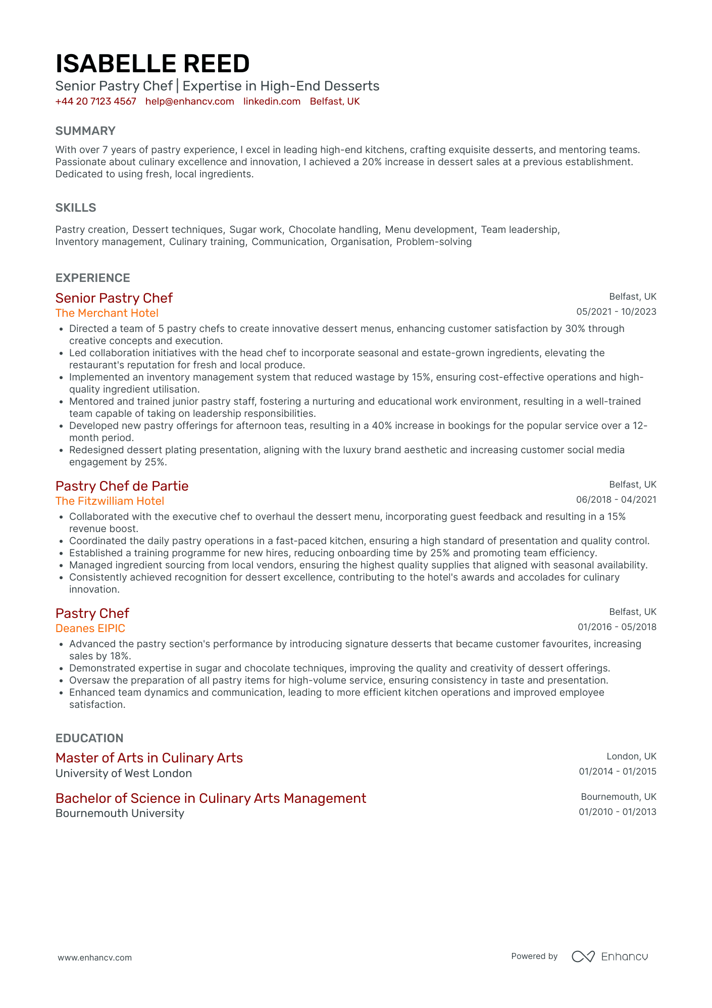 Hotel Pastry Chef CV Examples