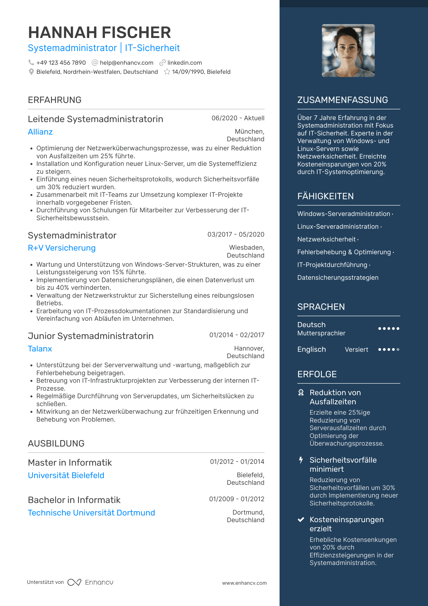 Lebenslauf in Systemadministrator in der Versicherungsbranche