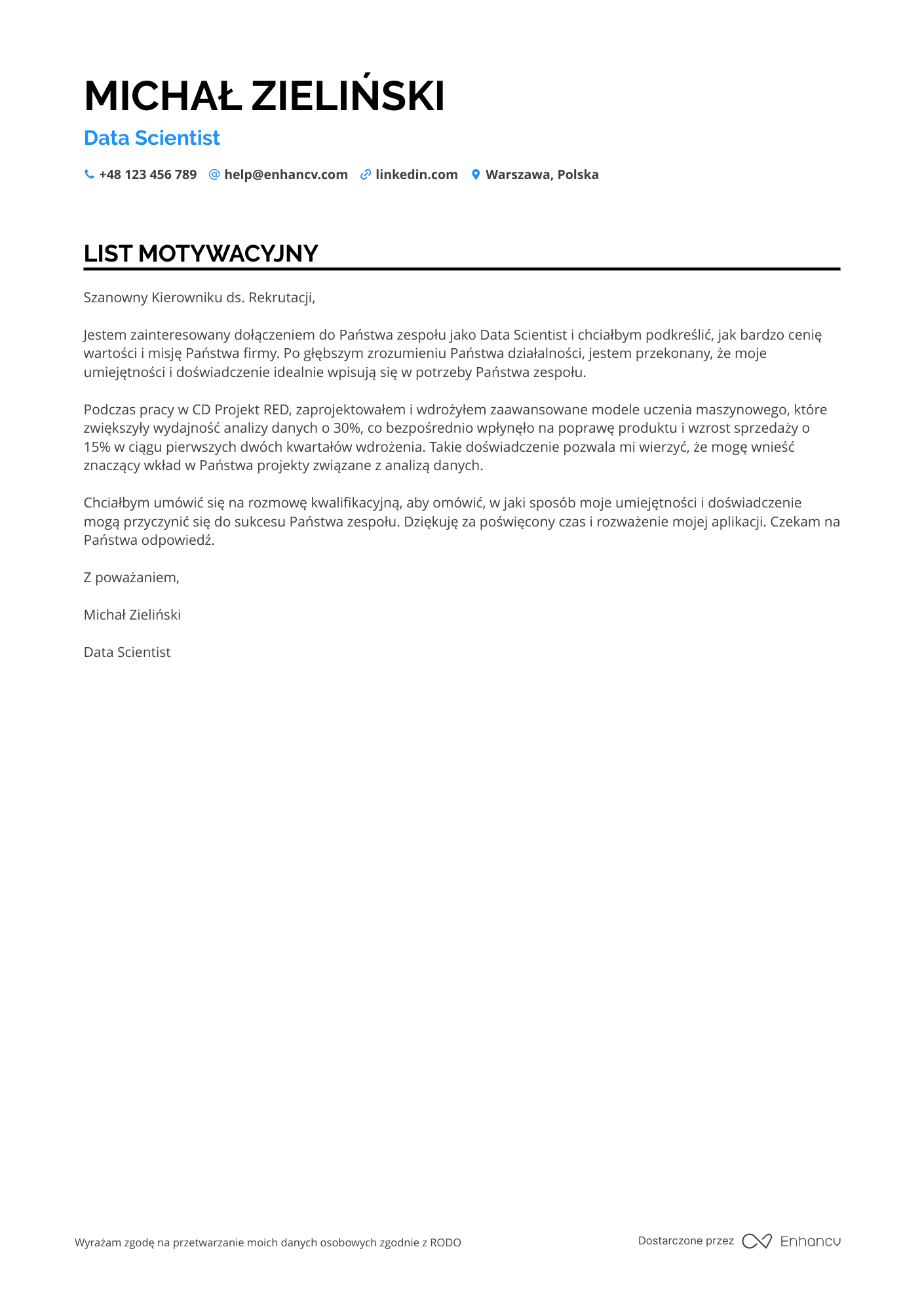 List motywacyjny dla Machine Learning Data Scientist
