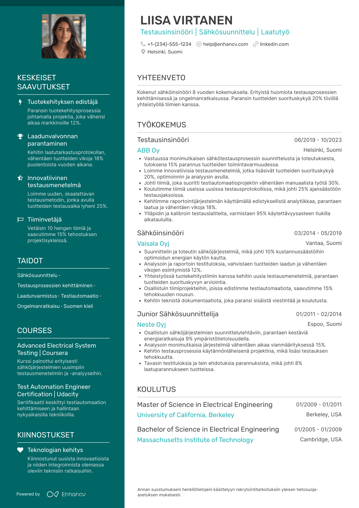 Ansioluettelo Testausinsinööri Sähköinsinööri