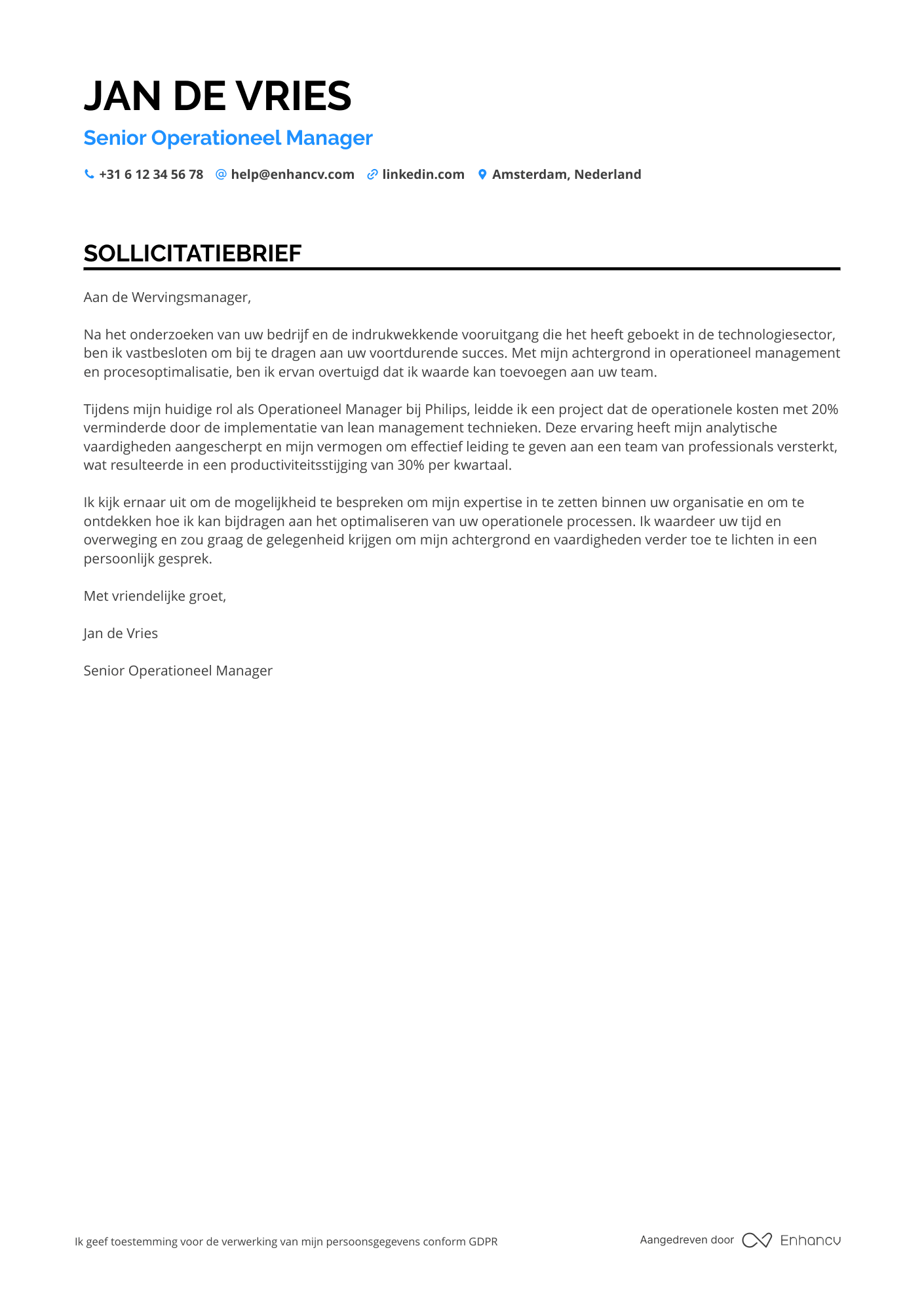 Sollicitatiebrief voor Senior Operationeel Manager