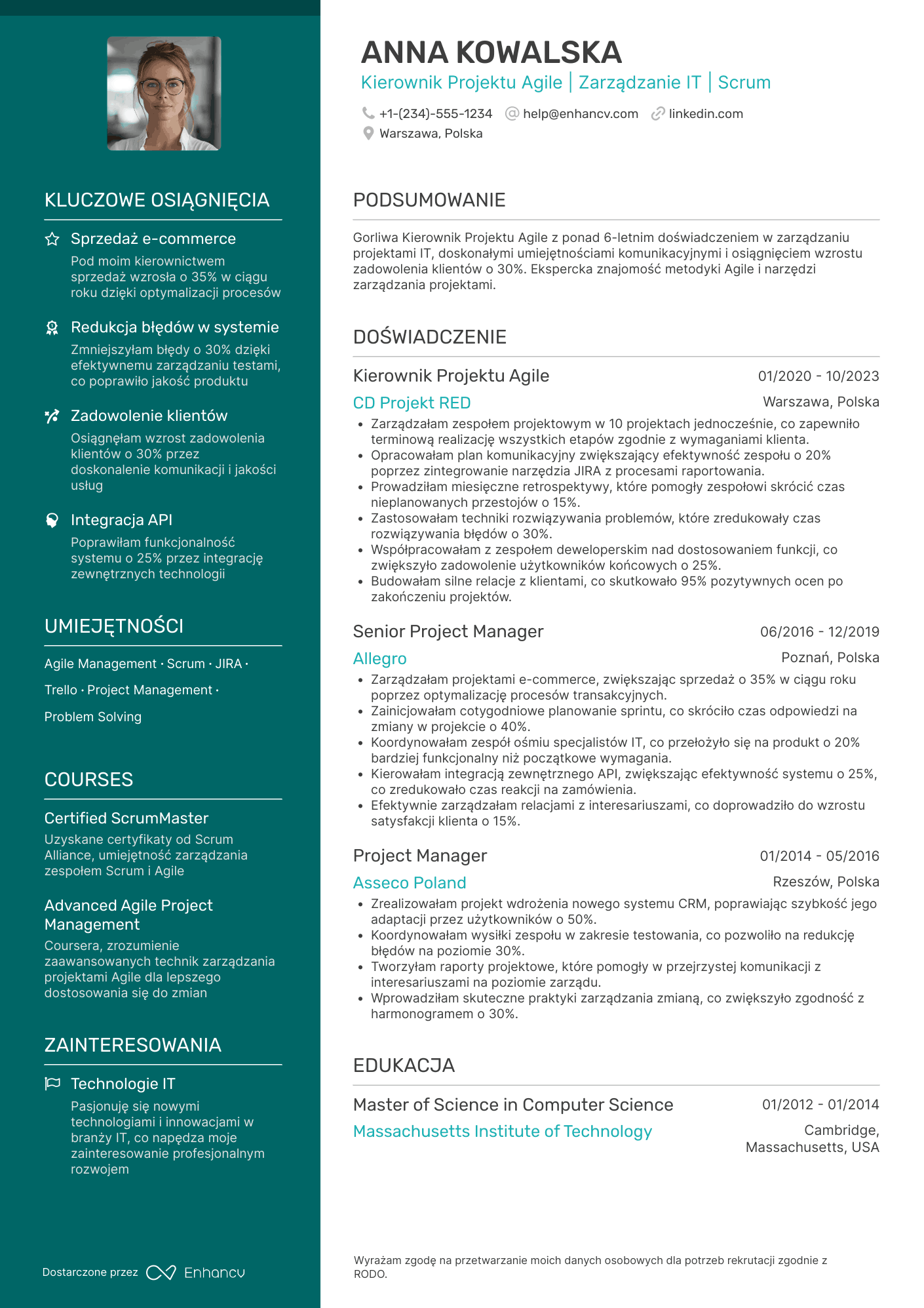 CV dla Kierownik Projektu Agile