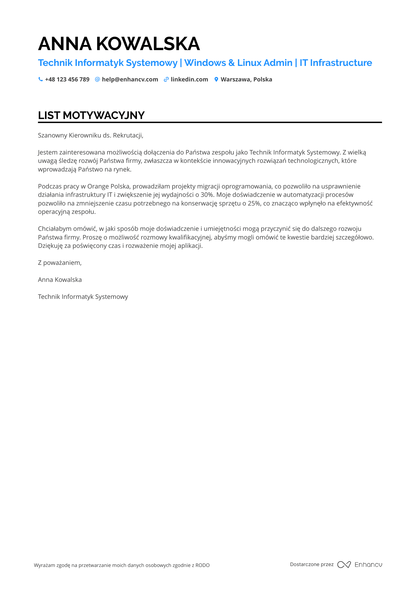 List motywacyjny dla Technik Informatyk Systemowy