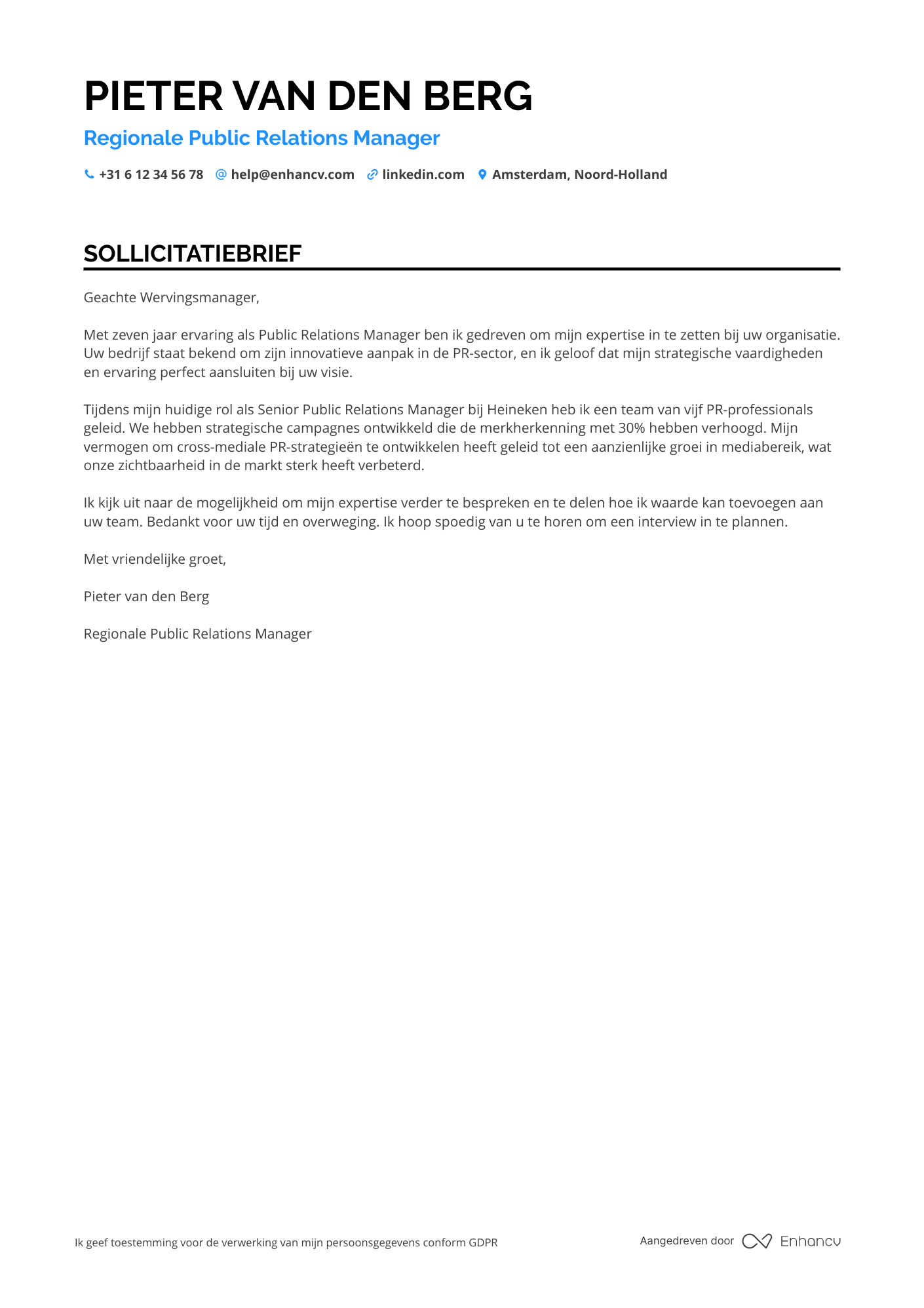 Sollicitatiebrief voor Regional Public Relations Manager