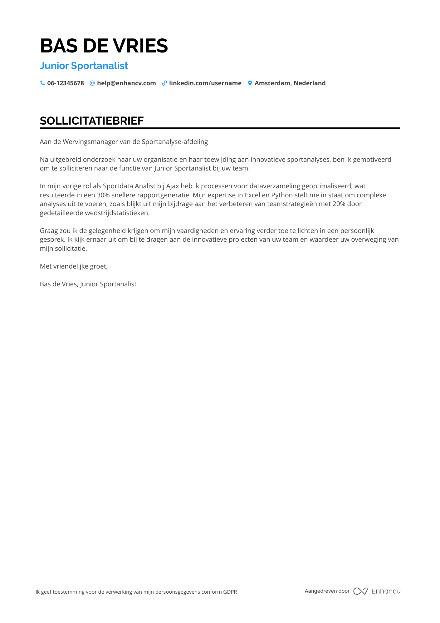Sollicitatiebrief voor Entry Level Sport Analyst