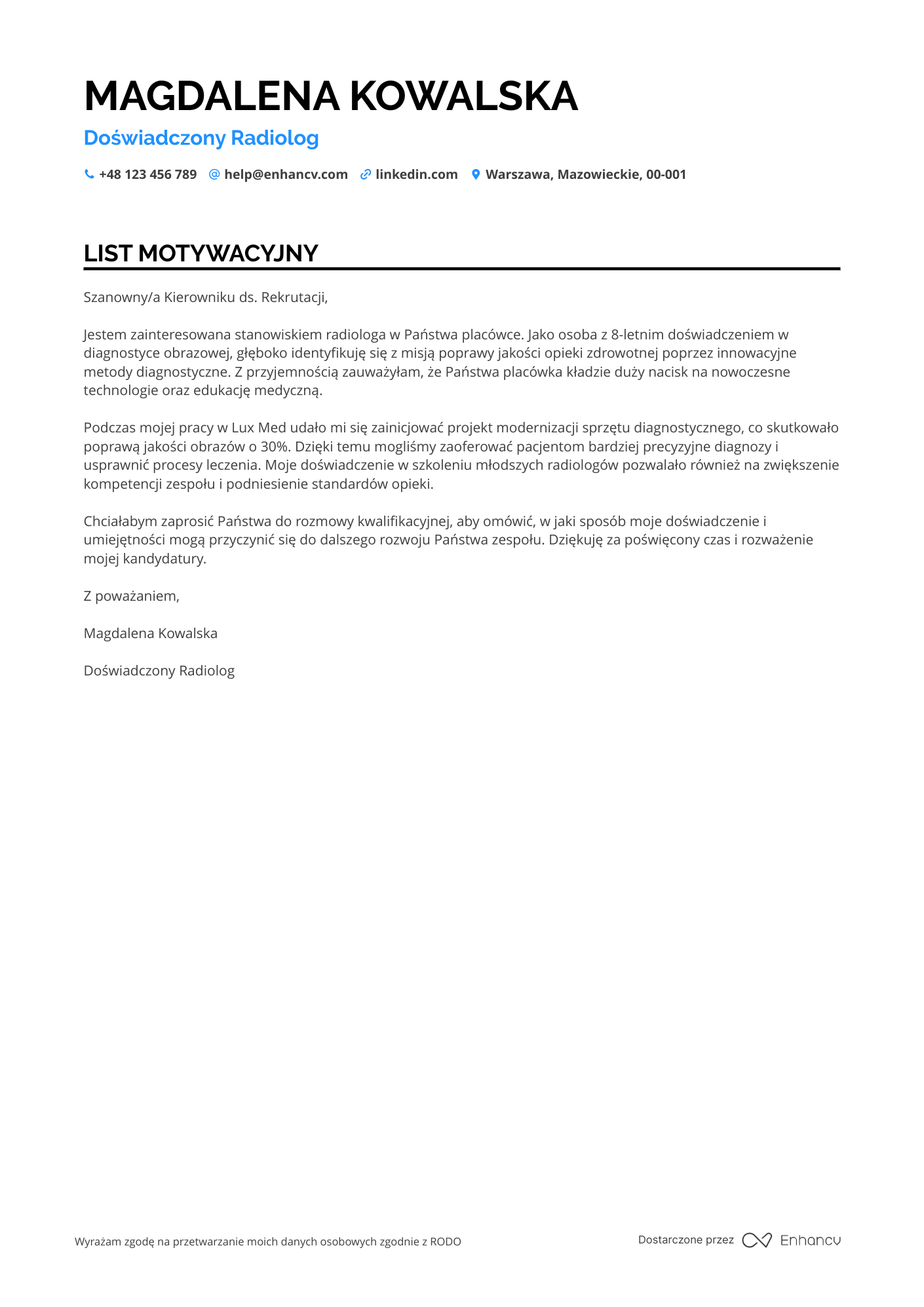 List motywacyjny dla Lekarz Radiolog