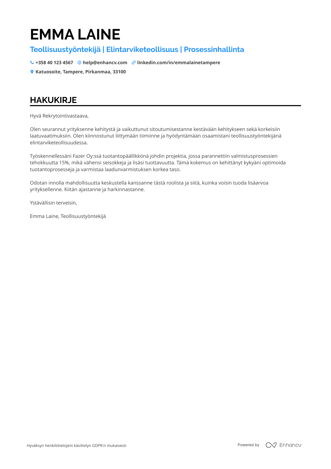 Hakukirje Teollisuustyöntekijä Elintarviketeollisuus