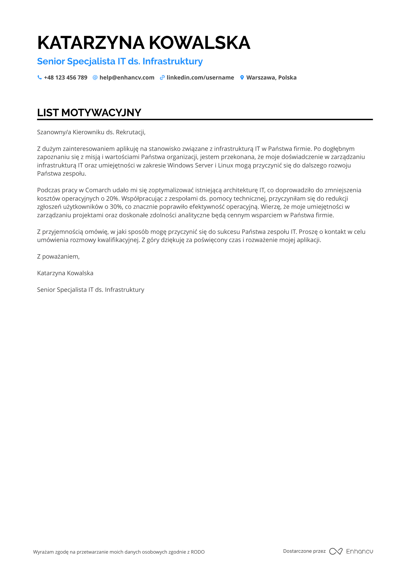 List motywacyjny dla Senior Specjalista IT ds. Infrastruktury
