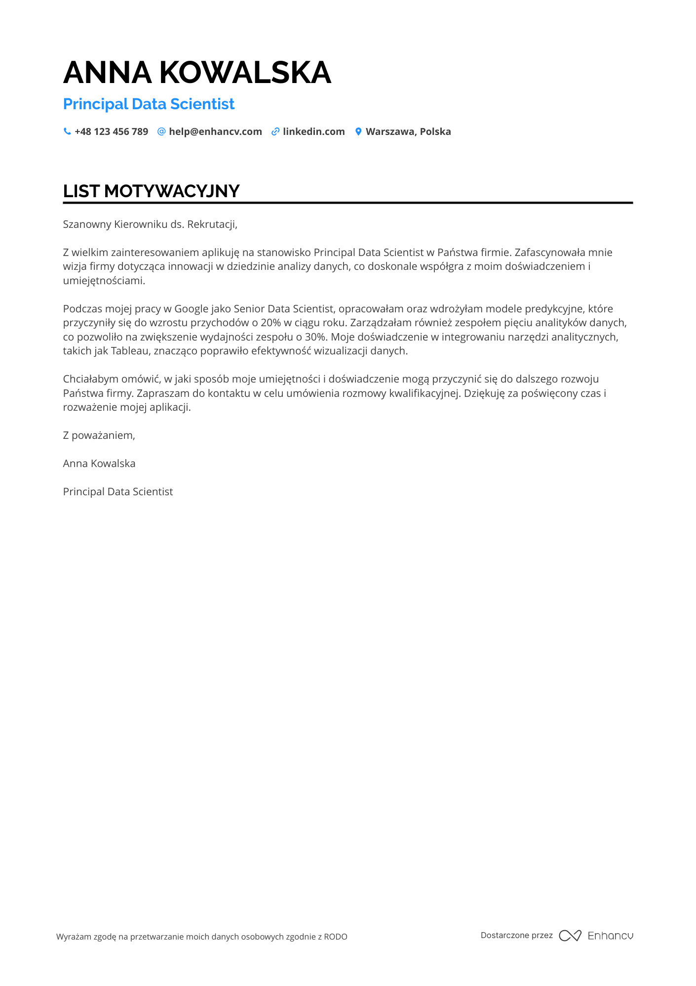 List motywacyjny dla Principal Data Scientist