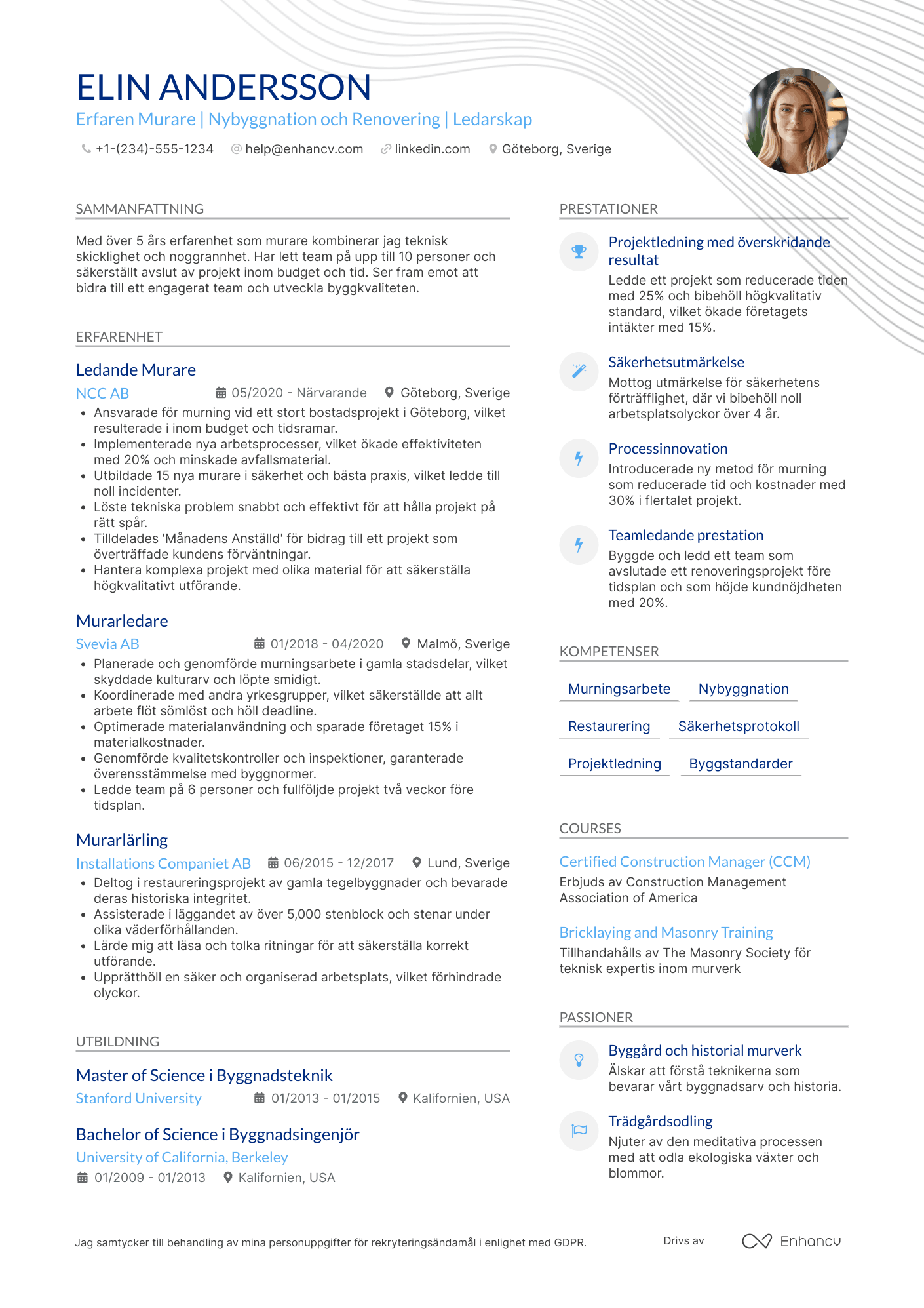 CV för Byggnadsarbetare Murare