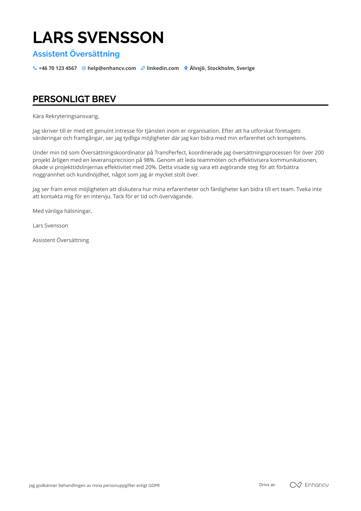 Personligt brev för Assistent Översättning