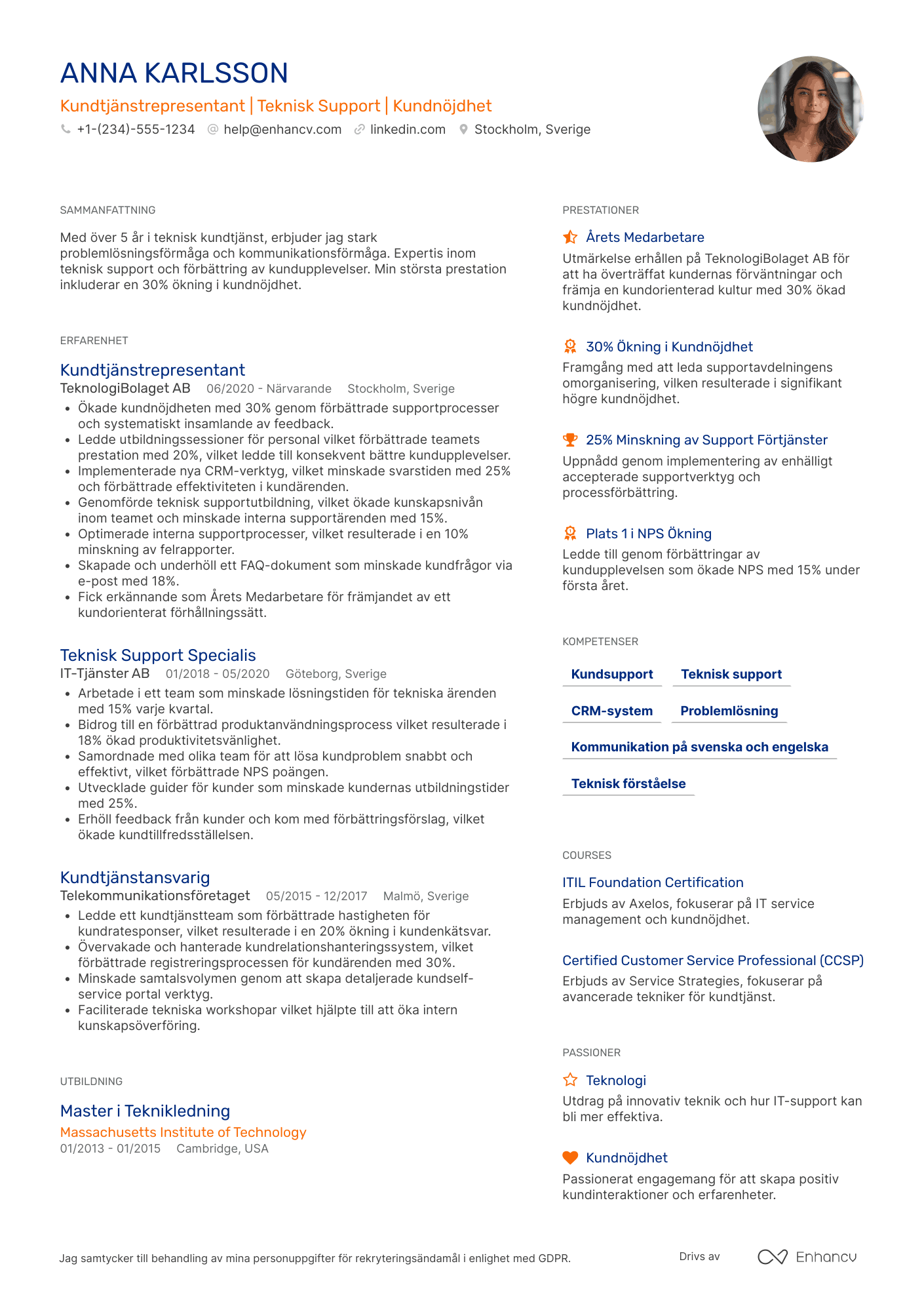 CV för Kundtjänstrepresentant Teknik